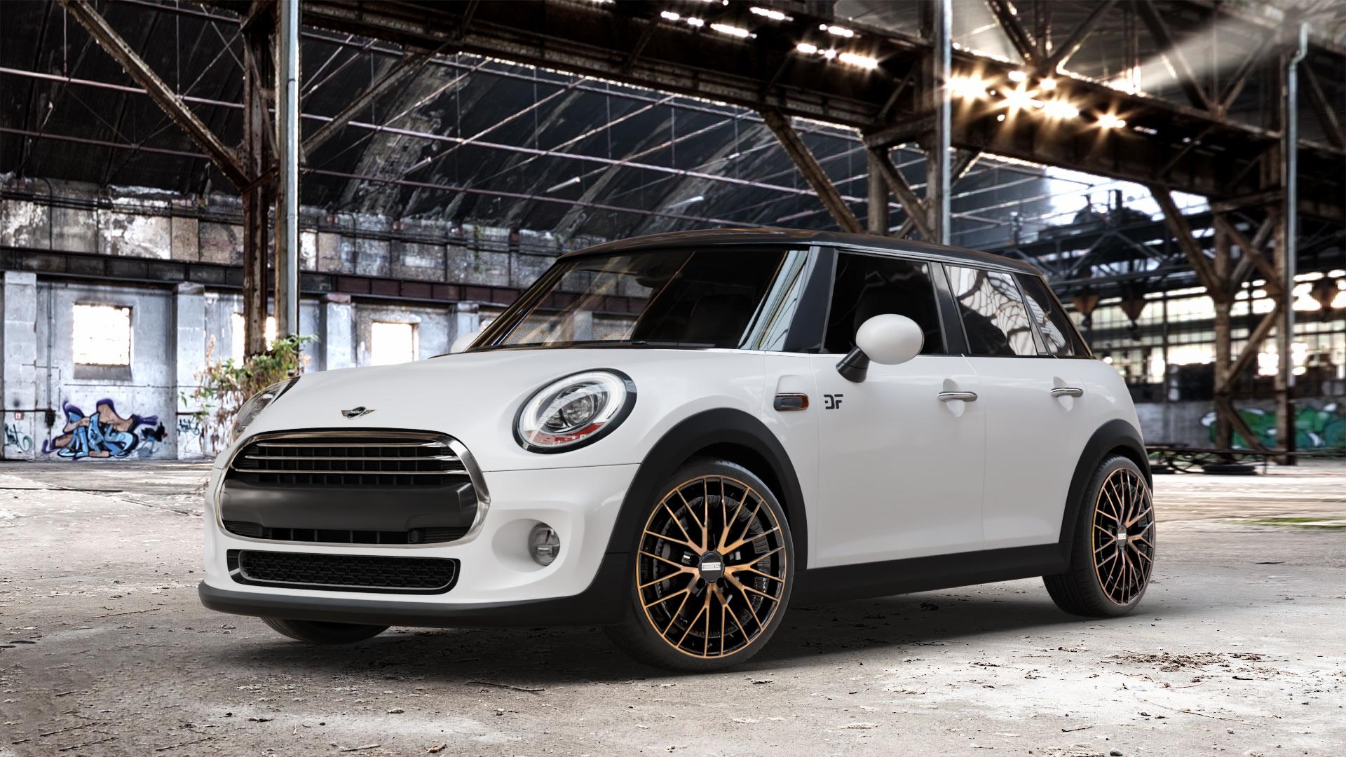 Fondmetal KARI GLOSSY BLACK BRONZE MACHINED Felge mit Reifen schwarz in 18Zoll Alufelge auf weissem Mini F55 Typ UKL-L (5-Türer Limousine) FML4 ⬇️ mit 15mm Tieferlegung ⬇️ Old Industrial Hall_max_4400mm_2024 Frontansicht_1