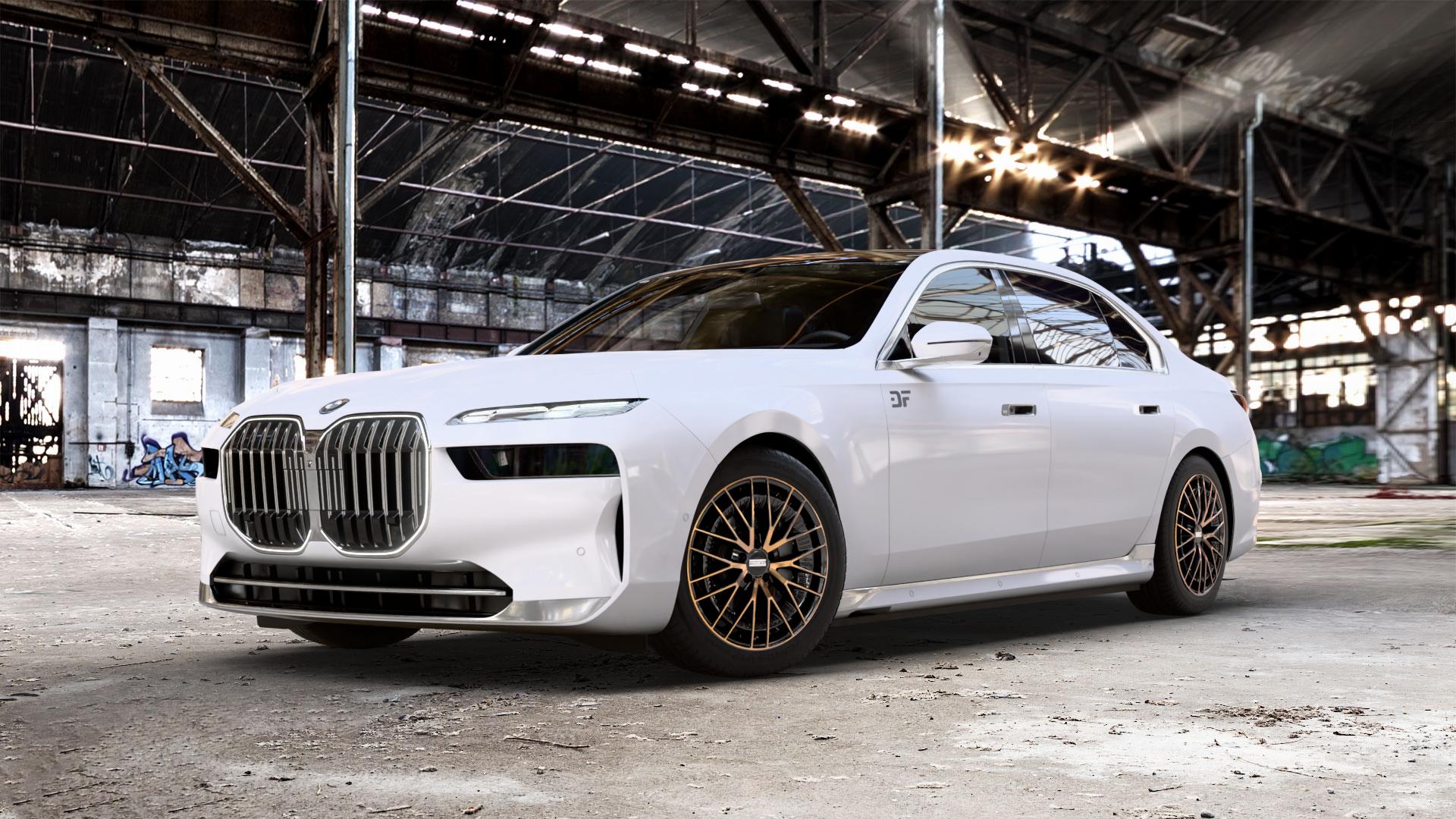 Fondmetal KARI GLOSSY BLACK BRONZE MACHINED Felge mit Reifen schwarz in 19Zoll Alufelge auf weissem BMW 7er G70 Limousine (G7L) ⬇️ mit 15mm Tieferlegung ⬇️ Old Industrial Hall_max_5300mm_2024 Frontansicht_1