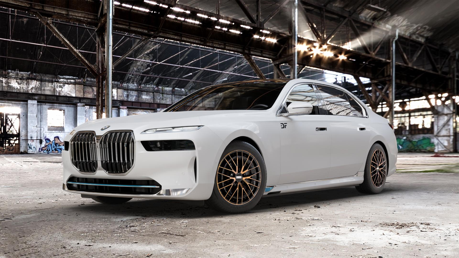 Fondmetal KARI GLOSSY BLACK BRONZE MACHINED Felge mit Reifen schwarz in 19Zoll Alufelge auf weissem BMW i7 Typ G70 ⬇️ mit 15mm Tieferlegung ⬇️ Old Industrial Hall_max_5300mm_2024 Frontansicht_1