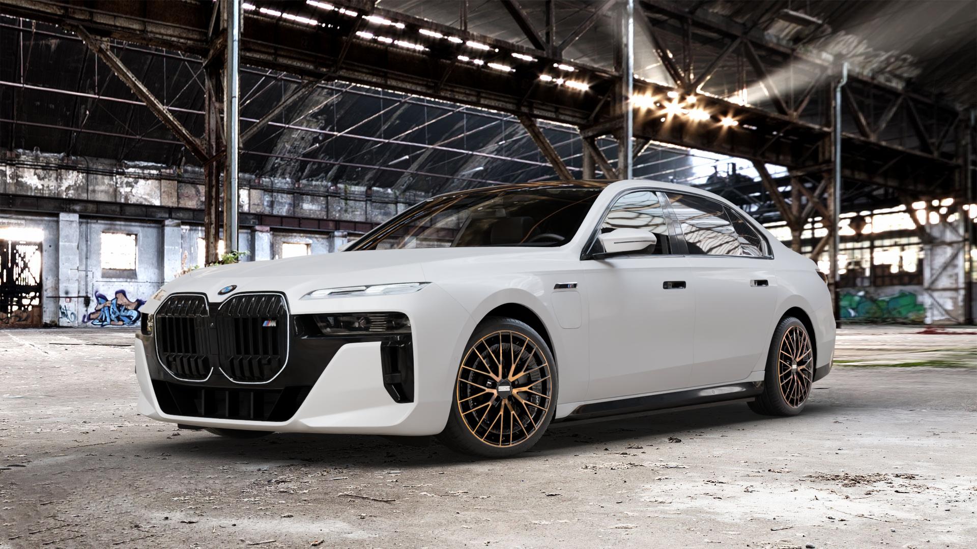 Fondmetal KARI GLOSSY BLACK BRONZE MACHINED Felge mit Reifen schwarz in 19Zoll Alufelge auf weissem BMW M760e xDrive Typ G70 ⬇️ mit 15mm Tieferlegung ⬇️ Old Industrial Hall_max_5300mm_2024 Frontansicht_1