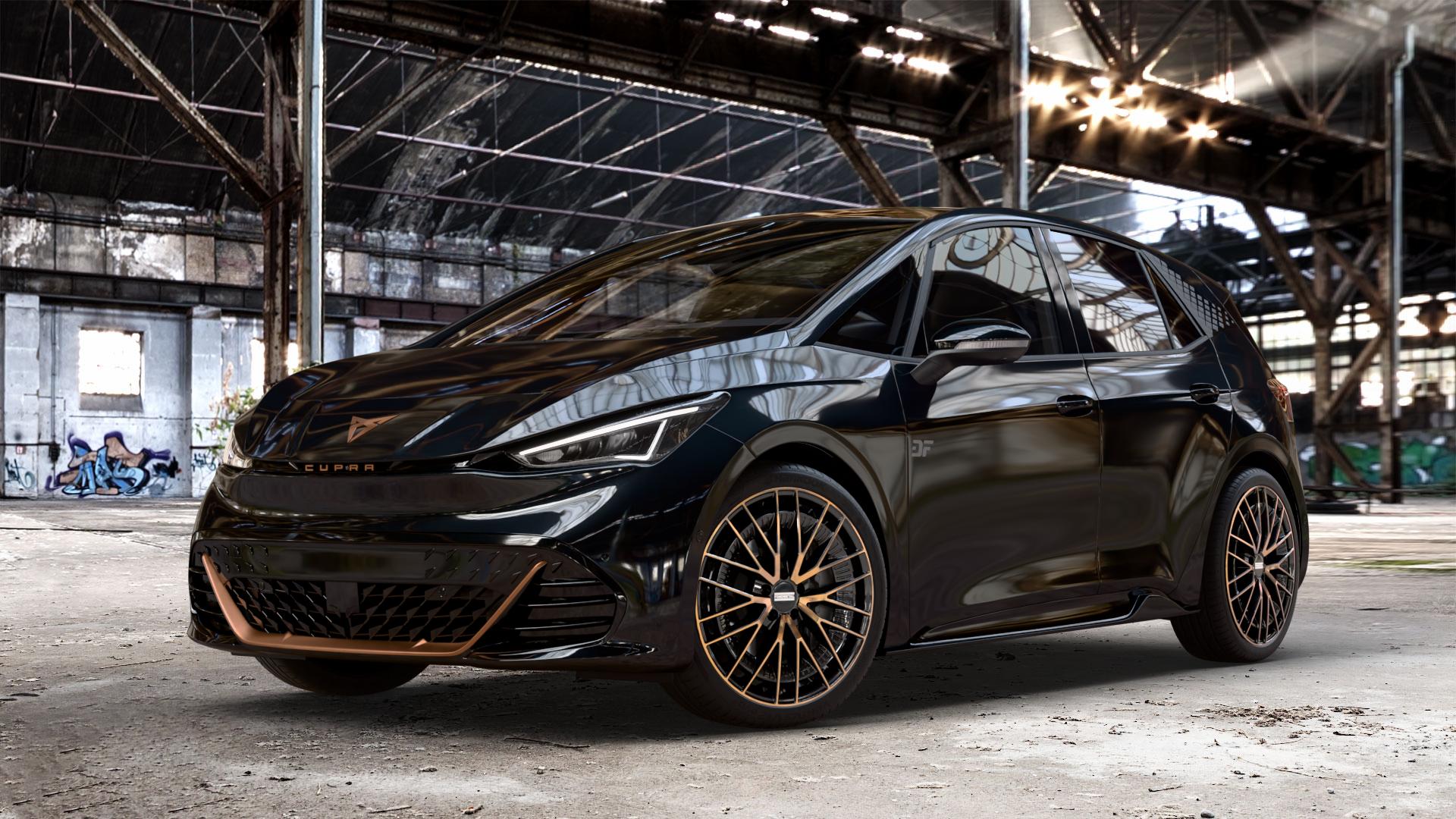 Fondmetal KARI GLOSSY BLACK BRONZE MACHINED Felge mit Reifen schwarz in 20Zoll Alufelge auf metallic schwarzem Cupra Born Typ K1 ⬇️ mit 15mm Tieferlegung ⬇️ Old Industrial Hall_max_4400mm_2024 Frontansicht_1