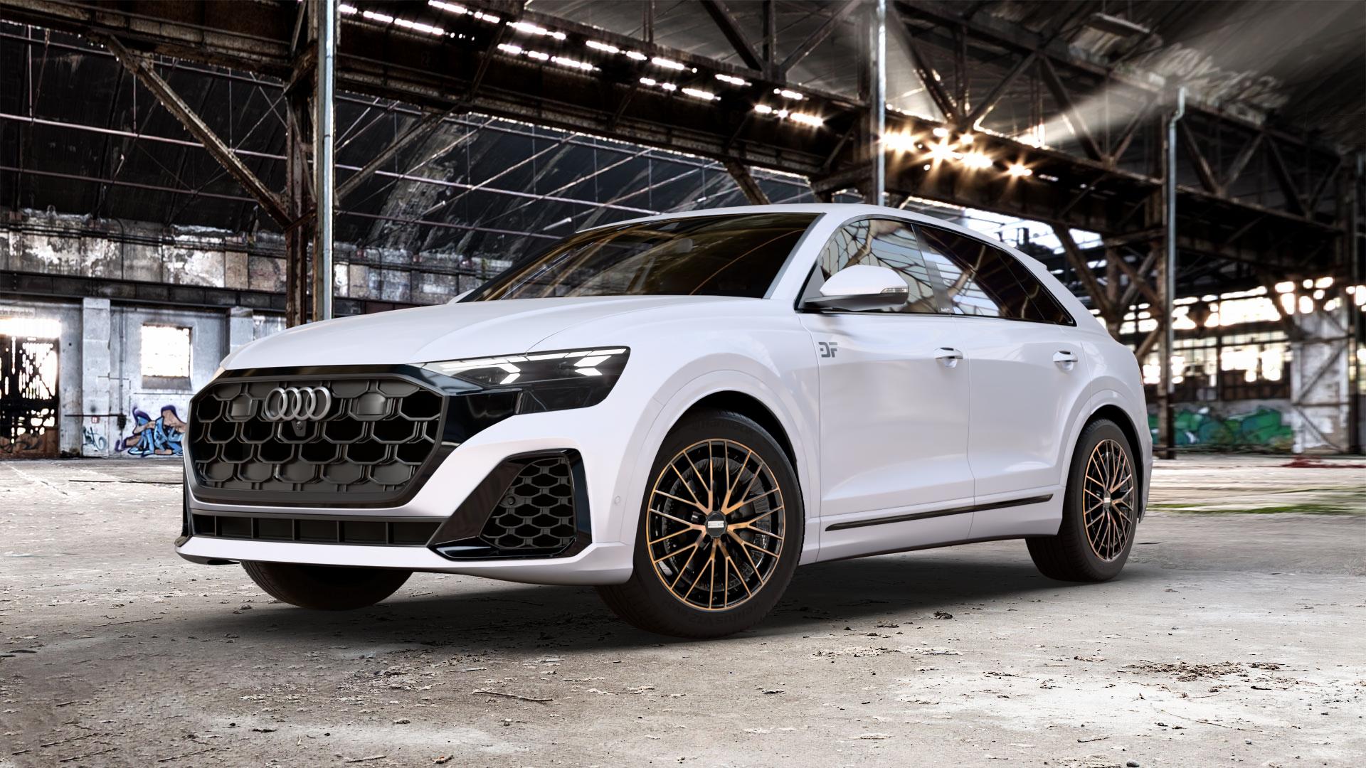 Fondmetal KARI GLOSSY BLACK BRONZE MACHINED Felge mit Reifen schwarz in 20Zoll Alufelge auf weißem Audi Q8 Typ 4M (4L) Facelift ⬇️ mit 15mm Tieferlegung ⬇️ Old Industrial Hall_max_5300mm_2024 Frontansicht_1