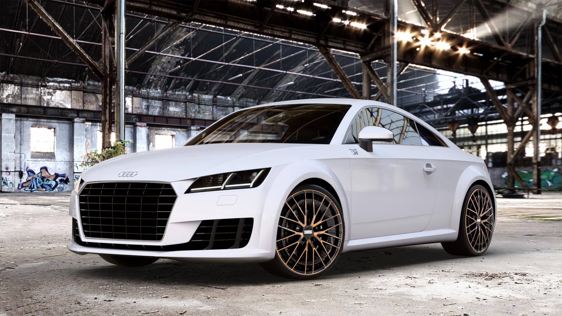 Fondmetal KARI GLOSSY BLACK BRONZE MACHINED Felge mit Reifen schwarz in 20Zoll Alufelge auf weissem Audi TT III Typ 8S (Coupé) (Roadster) ⬇️ mit 15mm Tieferlegung ⬇️ Old Industrial Hall_max_4400mm_2024 Frontansicht_1