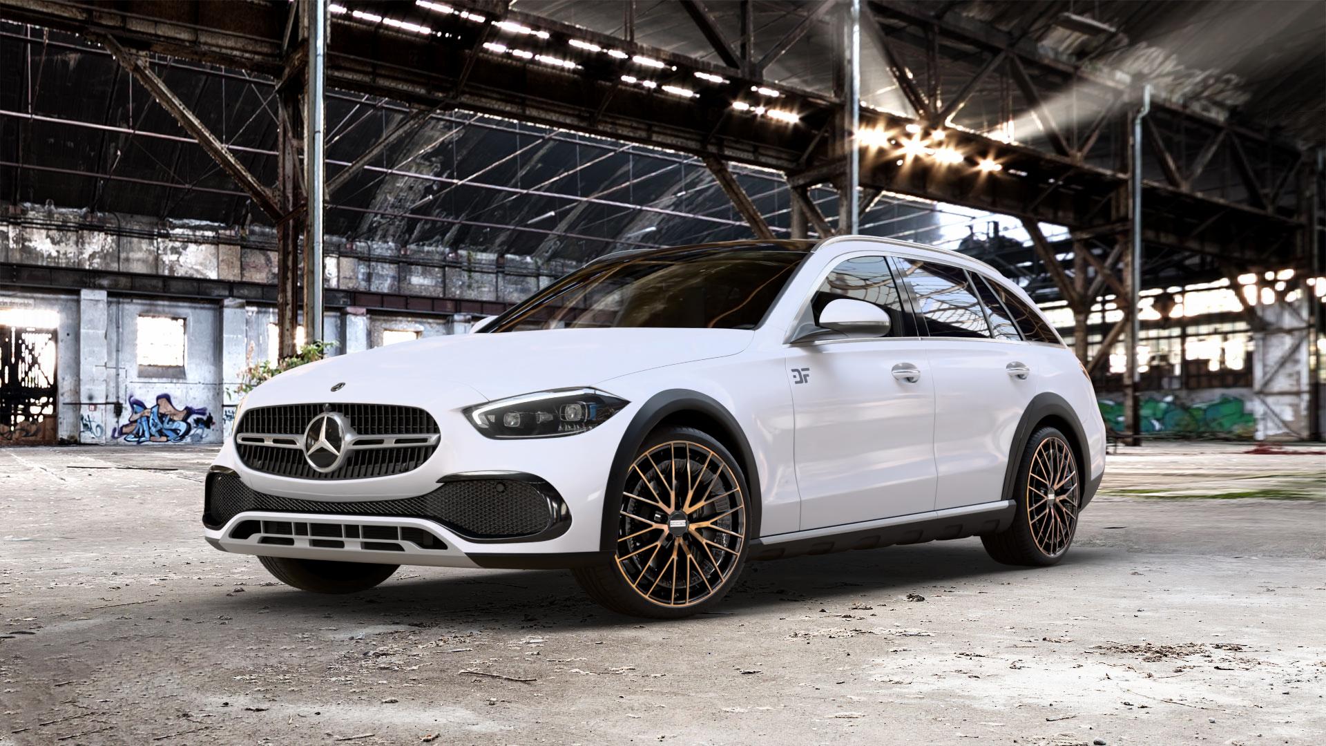 Fondmetal KARI GLOSSY BLACK BRONZE MACHINED Felge mit Reifen schwarz in 20Zoll Alufelge auf weissem Mercedes C-Klasse Typ S206 All-Terrain 1,5l C 200 4Matic 150kW Mild-Hybrid (204 PS) 2,0l 220d 145kW (197 ⬇️ mit 15mm Tieferlegung ⬇️ Old Industrial Hall_max_5300mm_2024 Frontansicht_1