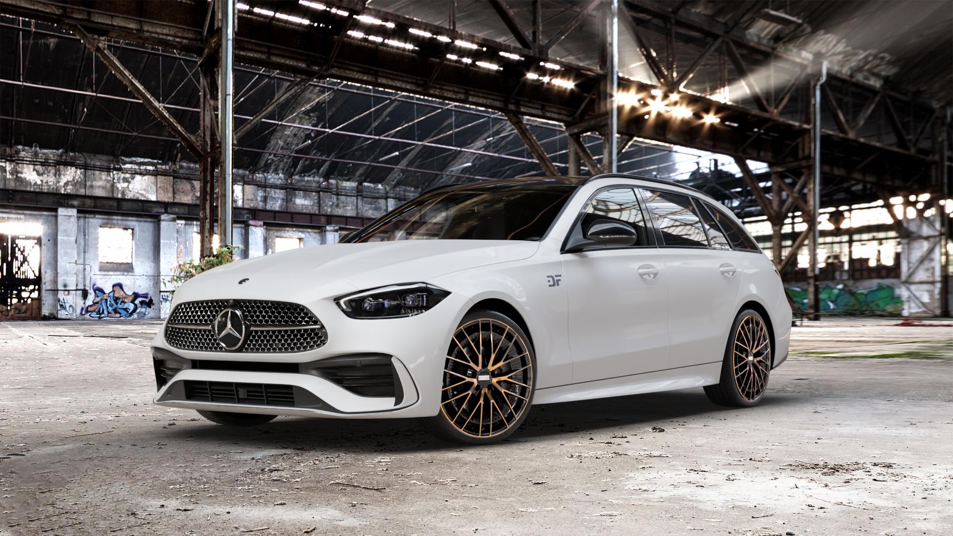 Fondmetal KARI GLOSSY BLACK BRONZE MACHINED Felge mit Reifen schwarz in 20Zoll Alufelge auf weissem Mercedes C-Klasse Typ S206 Kombi ⬇️ mit 15mm Tieferlegung ⬇️ Old Industrial Hall_max_5300mm_2024 Frontansicht_1