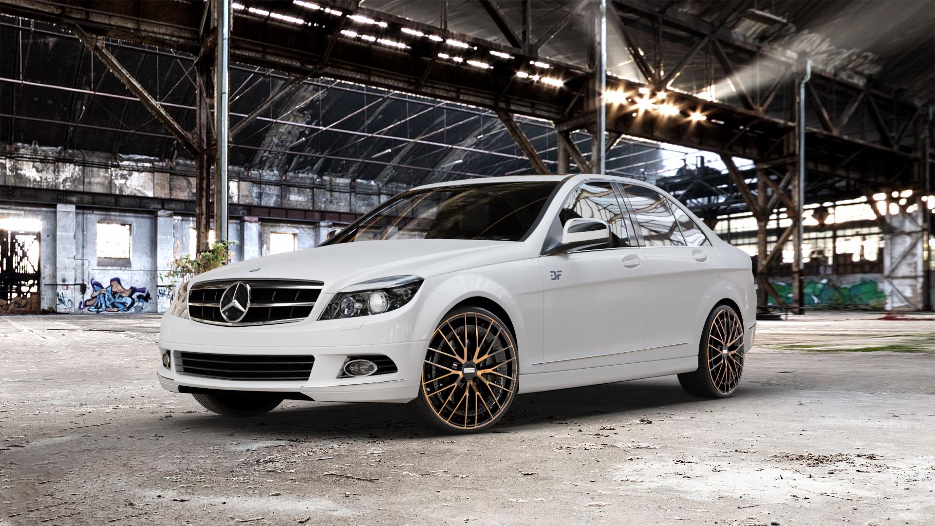 Fondmetal KARI GLOSSY BLACK BRONZE MACHINED Felge mit Reifen schwarz in 20Zoll Alufelge auf weissem Mercedes C-Klasse Typ W204 Limousine ⬇️ mit 15mm Tieferlegung ⬇️ Old Industrial Hall_max_5300mm_2024 Frontansicht_1