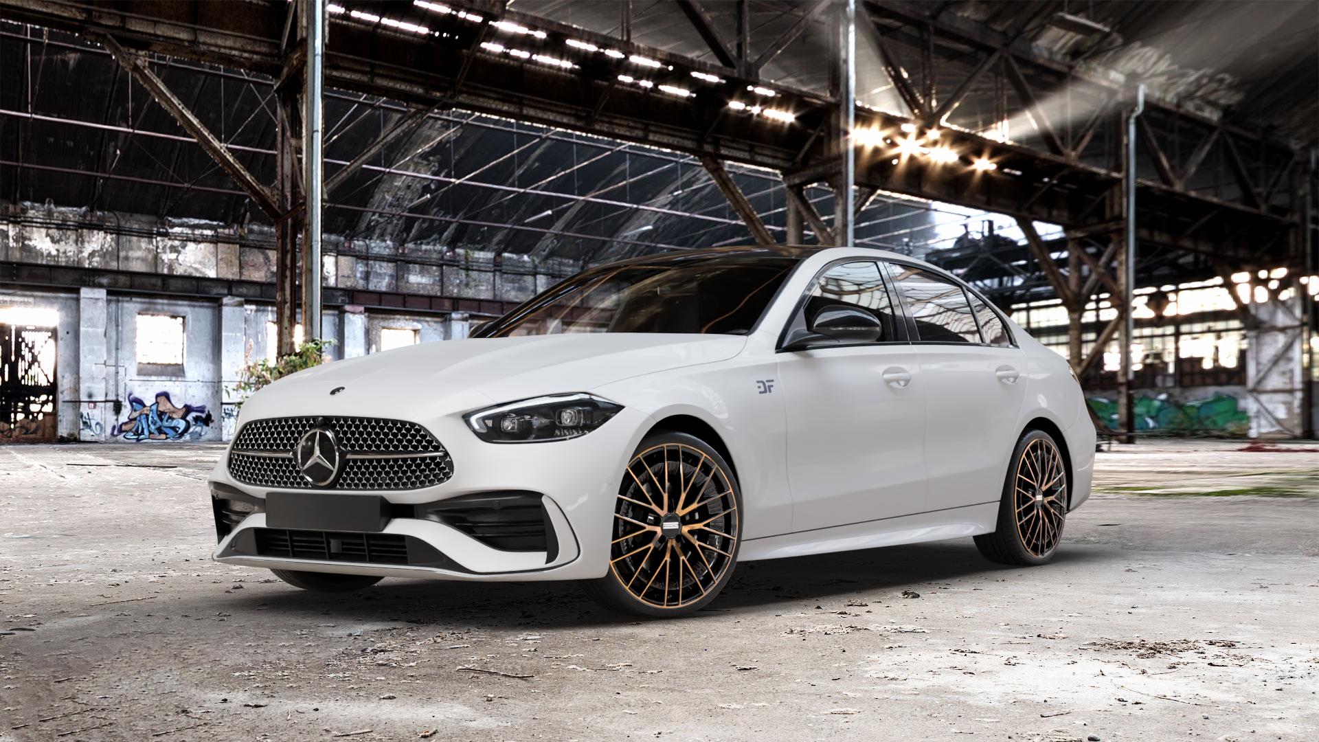 Fondmetal KARI GLOSSY BLACK BRONZE MACHINED Felge mit Reifen schwarz in 20Zoll Alufelge auf weissem Mercedes C-Klasse Typ W206 Limousine ⬇️ mit 15mm Tieferlegung ⬇️ Old Industrial Hall_max_5300mm_2024 Frontansicht_1