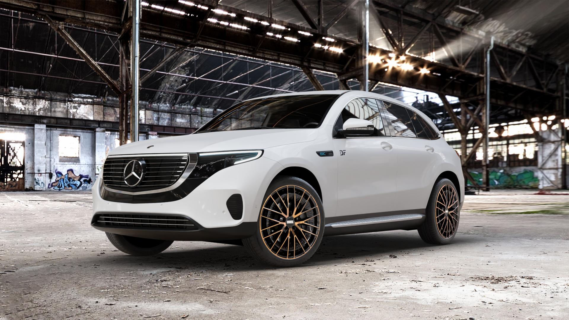 Fondmetal KARI GLOSSY BLACK BRONZE MACHINED Felge mit Reifen schwarz in 21Zoll Alufelge auf weissem Mercedes EQC Typ N 293 (204 X) ⬇️ mit 15mm Tieferlegung ⬇️ Old Industrial Hall_max_5300mm_2024 Frontansicht_1