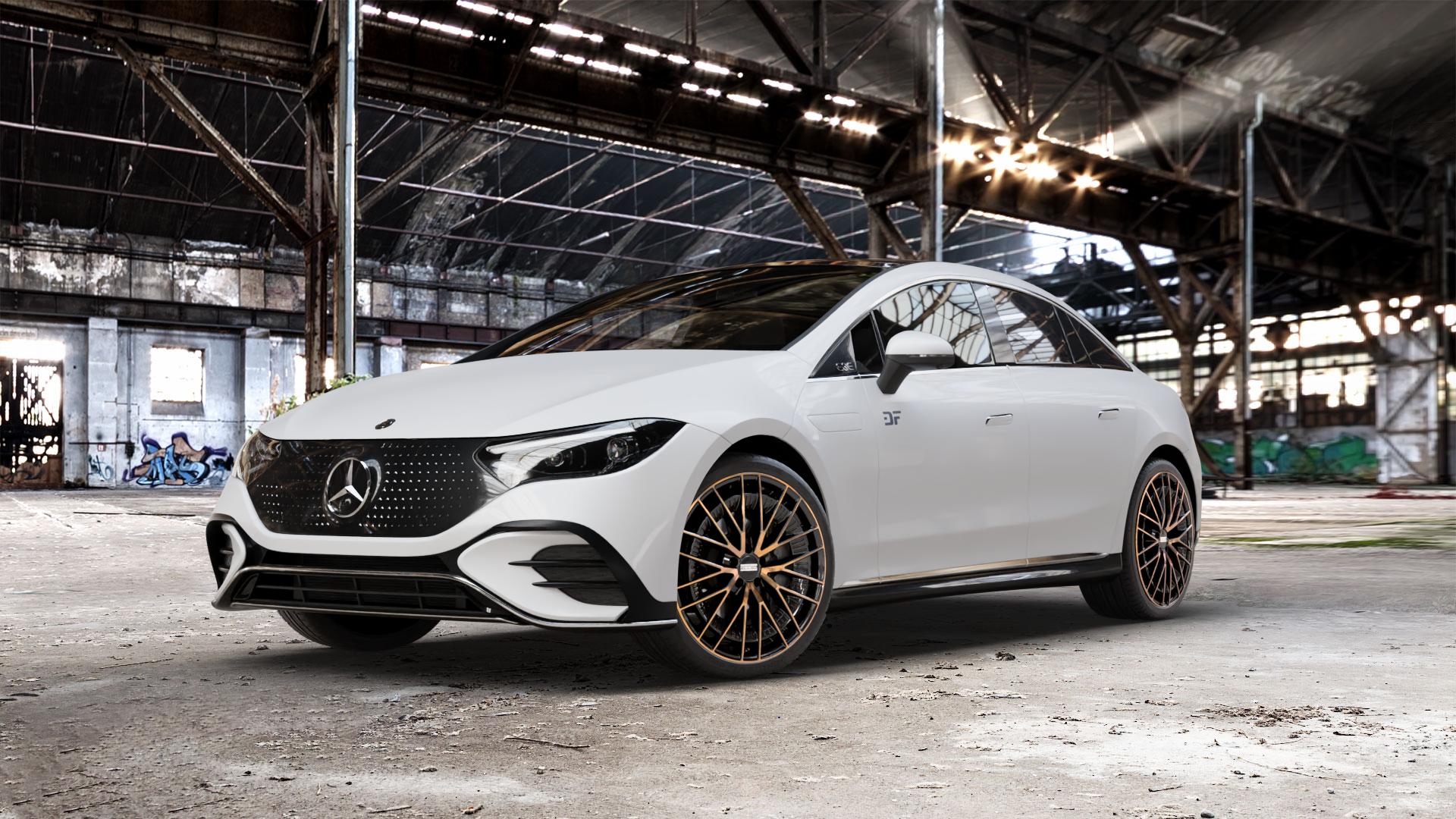 Fondmetal KARI GLOSSY BLACK BRONZE MACHINED Felge mit Reifen schwarz in 21Zoll Alufelge auf weissem Mercedes EQE Typ E2EQEW ⬇️ mit 15mm Tieferlegung ⬇️ Old Industrial Hall_max_5300mm_2024 Frontansicht_1