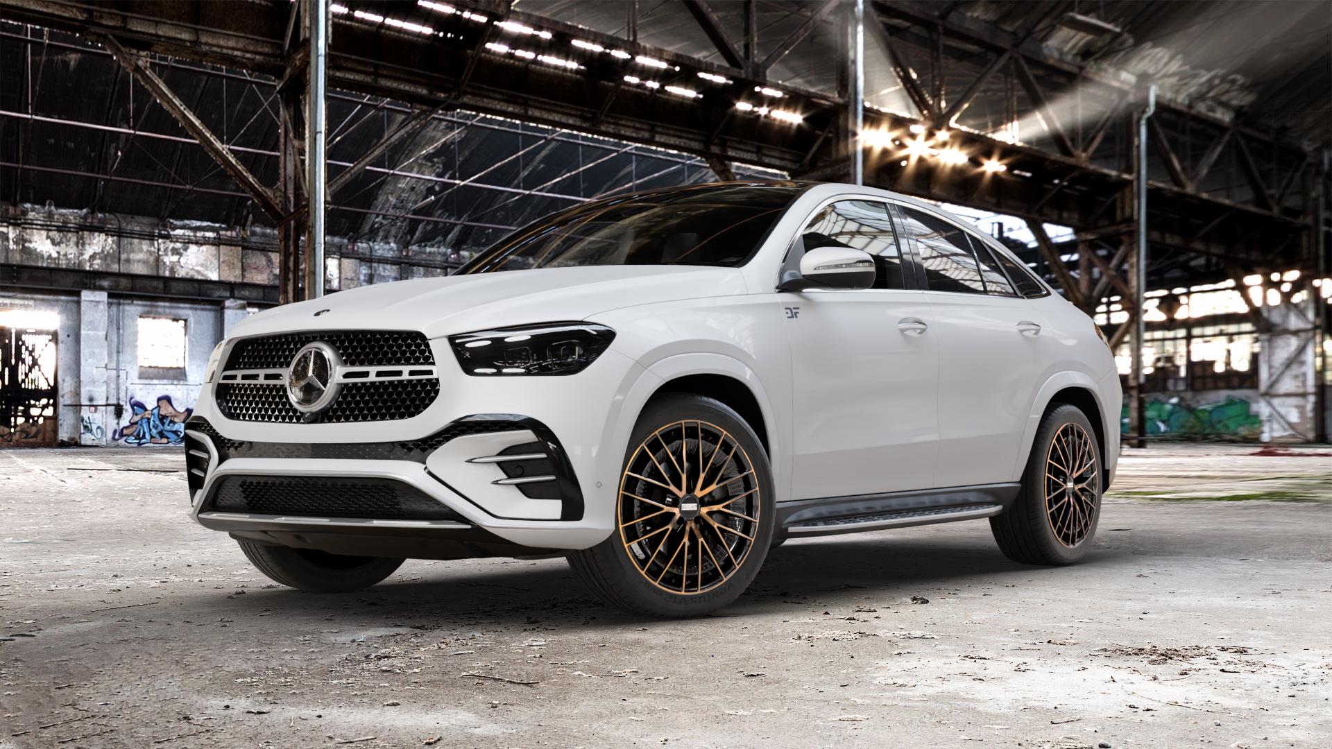Fondmetal KARI GLOSSY BLACK BRONZE MACHINED Felge mit Reifen schwarz in 21Zoll Alufelge auf weissem Mercedes GLE-Klasse Coupe Typ V167 (H1GLE) Facelift ⬇️ mit 15mm Tieferlegung ⬇️ Old Industrial Hall_max_5300mm_2024 Frontansicht_1