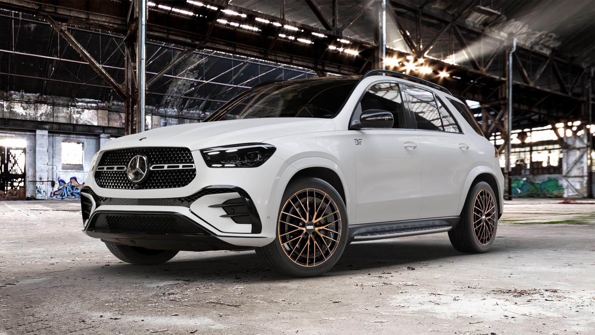 Fondmetal KARI GLOSSY BLACK BRONZE MACHINED Felge mit Reifen schwarz in 21Zoll Alufelge auf weissem Mercedes GLE-Klasse SUV Typ V167 (H1GLE) Facelift ⬇️ mit 15mm Tieferlegung ⬇️ Old Industrial Hall_max_5300mm_2024 Frontansicht_1