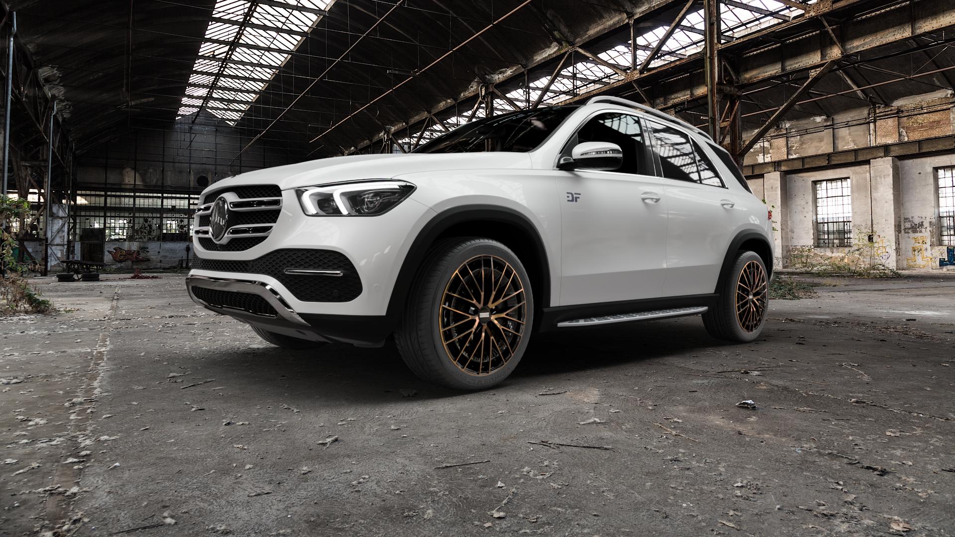 Fondmetal KARI GLOSSY BLACK BRONZE MACHINED Felge mit Reifen schwarz in 21Zoll Alufelge auf weissem Mercedes GLE-Klasse SUV Typ V167 (H1GLE) ⬇️ mit 15mm Tieferlegung ⬇️ Old Industrial Hall_max5000mm_2022 Frontansicht_1