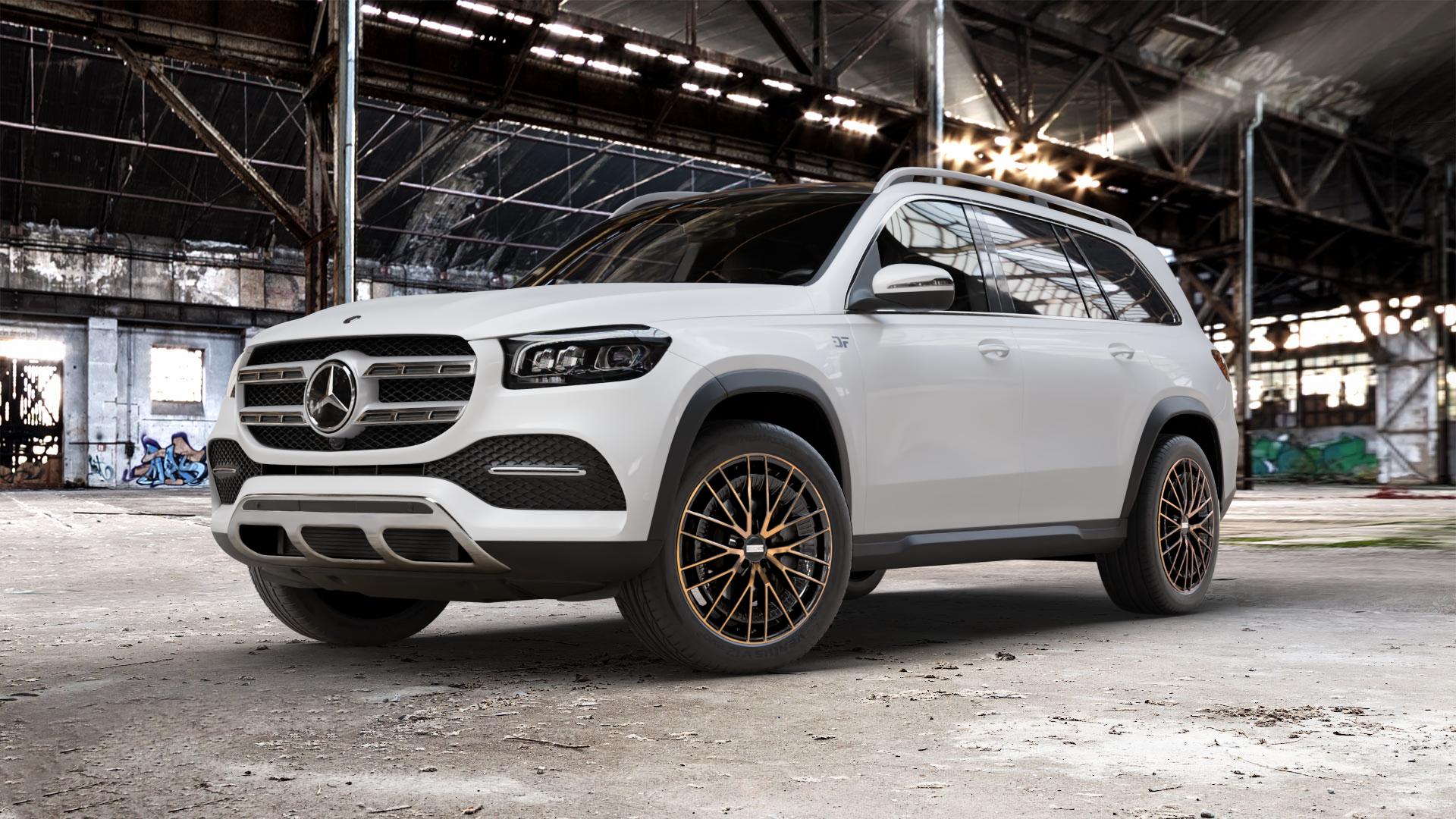Fondmetal KARI GLOSSY BLACK BRONZE MACHINED Felge mit Reifen schwarz in 21Zoll Alufelge auf weissem Mercedes GLS-Klasse Typ 167 (H1GLE) 2,9l 350 d 4Matic 210kW (286 PS) 400 243kW (330 4,0l 580 360kW Mild-Hybrid (489 ⬇️ mit 15mm Tieferlegung ⬇️ Old Industrial Hall_max_5300mm_2024 Frontansicht_1