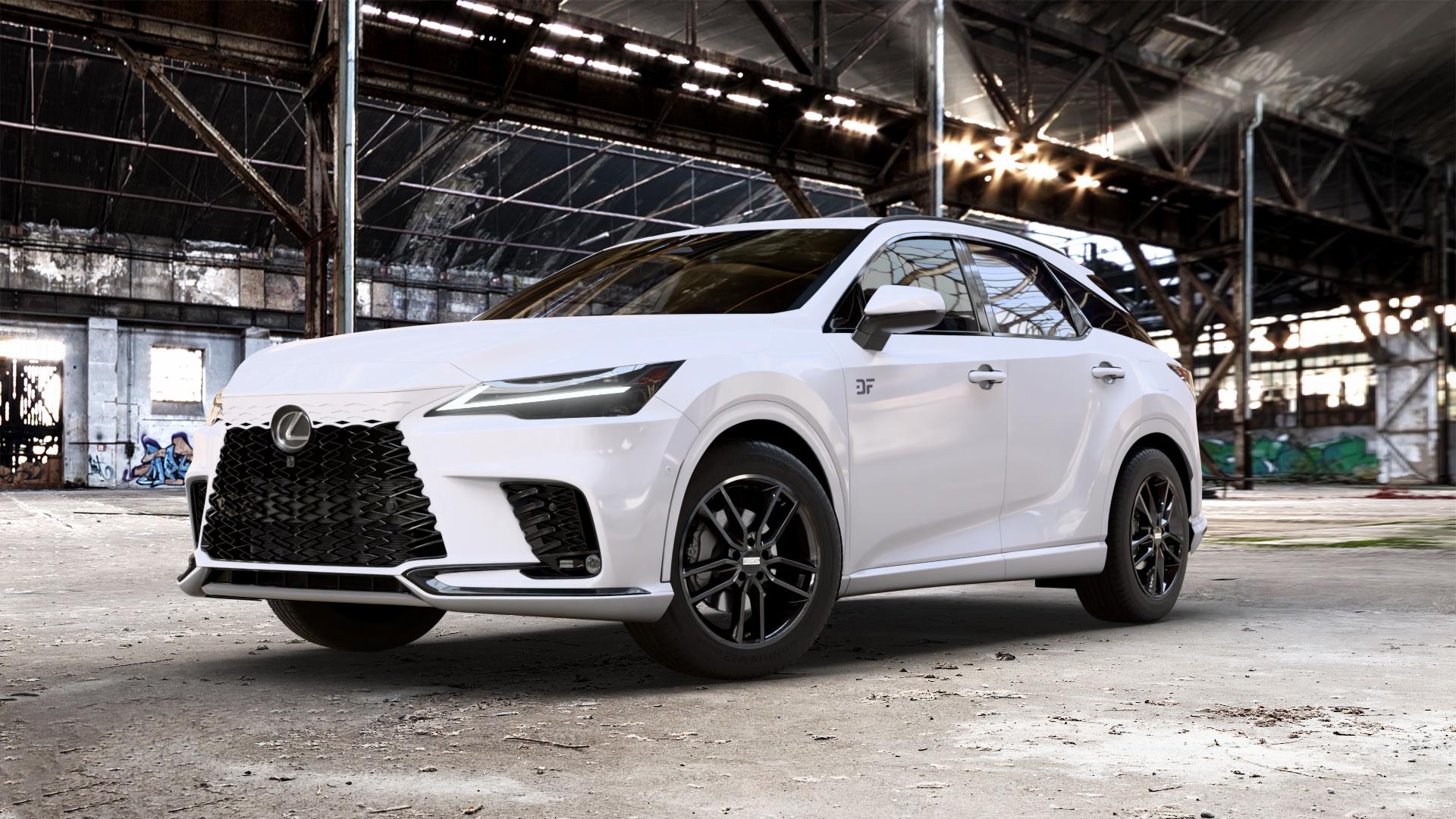 Fondmetal KOROS GLOSSY BLACK Felge mit Reifen schwarz in 19Zoll Winterfelge Alufelge auf weissem Lexus RX V Typ AL3(M) 2,5l 140kW RX350H AWD (190 PS) 136kW RX450H+ (185 2,4l 200kW RX500H (272 AL3(M)-TGRE ⬇️ mit 15mm Tieferlegung ⬇️ Old Industrial Hall_max_5300mm_2024 Frontansicht_1