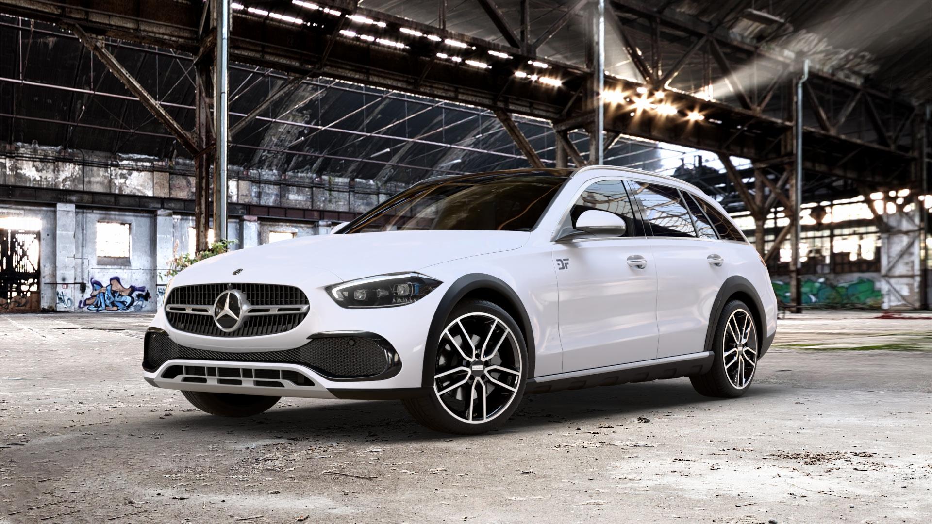 Fondmetal KOROS GLOSSY BLACK MACHINED Felge mit Reifen silber schwarz in 19Zoll Winterfelge Alufelge auf weissem Mercedes C-Klasse Typ S206 All-Terrain 1,5l C 200 4Matic 150kW Mild-Hybrid (204 PS) 2,0l 220d 145kW (197 ⬇️ mit 15mm Tieferlegung ⬇️ Old Industrial Hall_max_5300mm_2024 Frontansicht_1