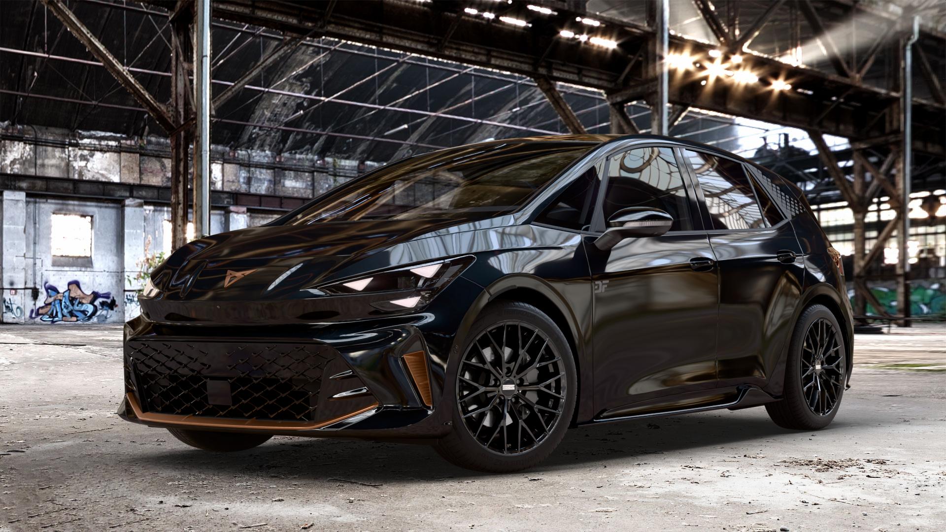 Fondmetal MAKHAI GLOSSY BLACK Felge mit Reifen schwarz in 19Zoll Winterfelge Alufelge auf metallic schwarzem Cupra Born Facelift Typ K1 ⬇️ mit 15mm Tieferlegung ⬇️ Old Industrial Hall_max_4400mm_2024 Frontansicht_1