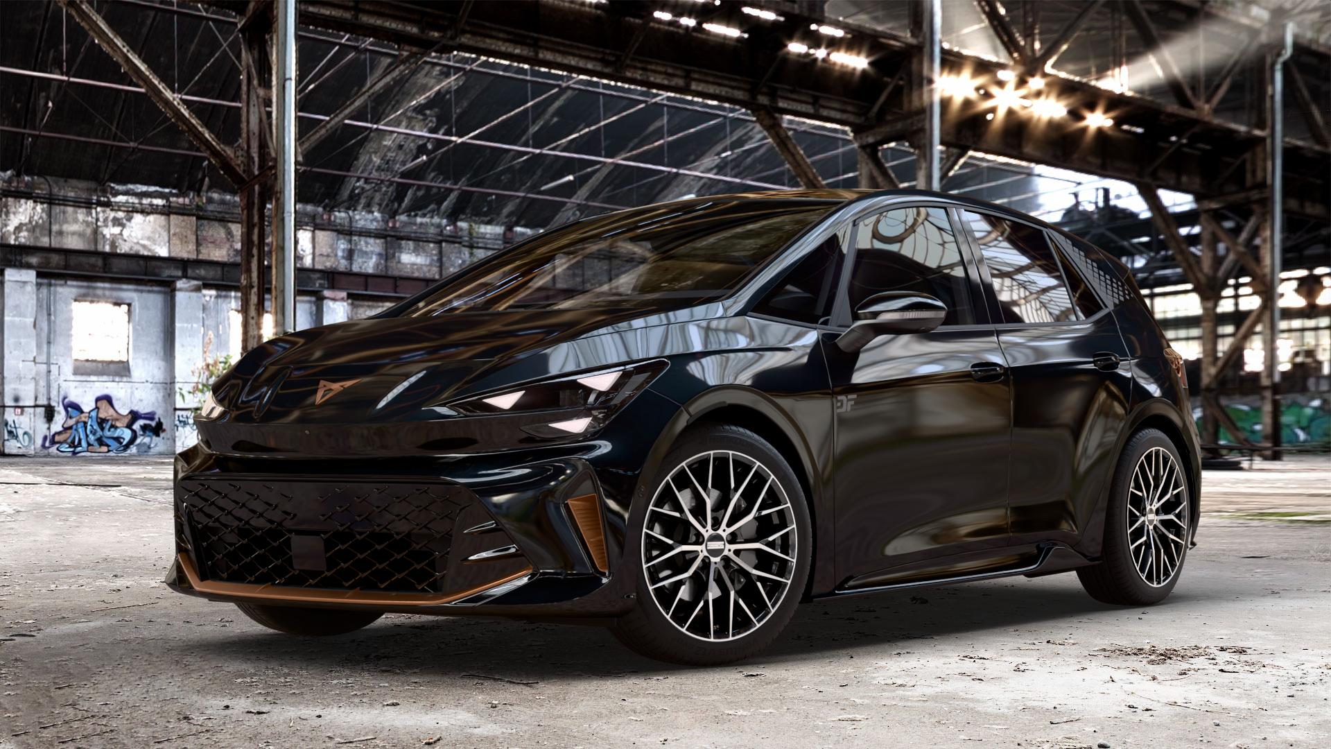 Fondmetal MAKHAI GLOSSY BLACK MACHINED Felge mit Reifen silber schwarz in 19Zoll Winterfelge Alufelge auf metallic schwarzem Cupra Born Facelift Typ K1 ⬇️ mit 15mm Tieferlegung ⬇️ Old Industrial Hall_max_4400mm_2024 Frontansicht_1