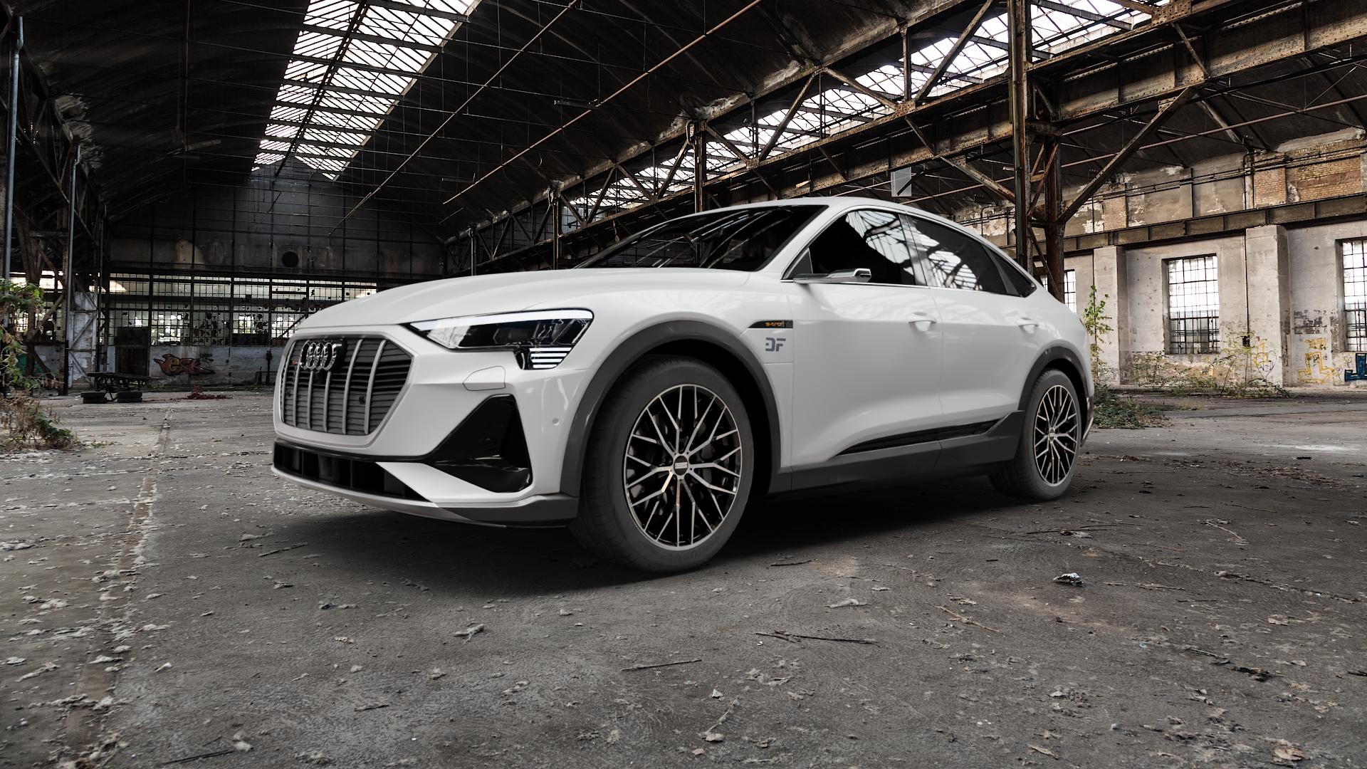 Fondmetal MAKHAI GLOSSY BLACK MACHINED Felge mit Reifen silber schwarz in 20Zoll Winterfelge Alufelge auf weissem Audi E-Tron S Sportback Typ GE ⬇️ mit 15mm Tieferlegung ⬇️ Old Industrial Hall_max5000mm_2022 Frontansicht_1