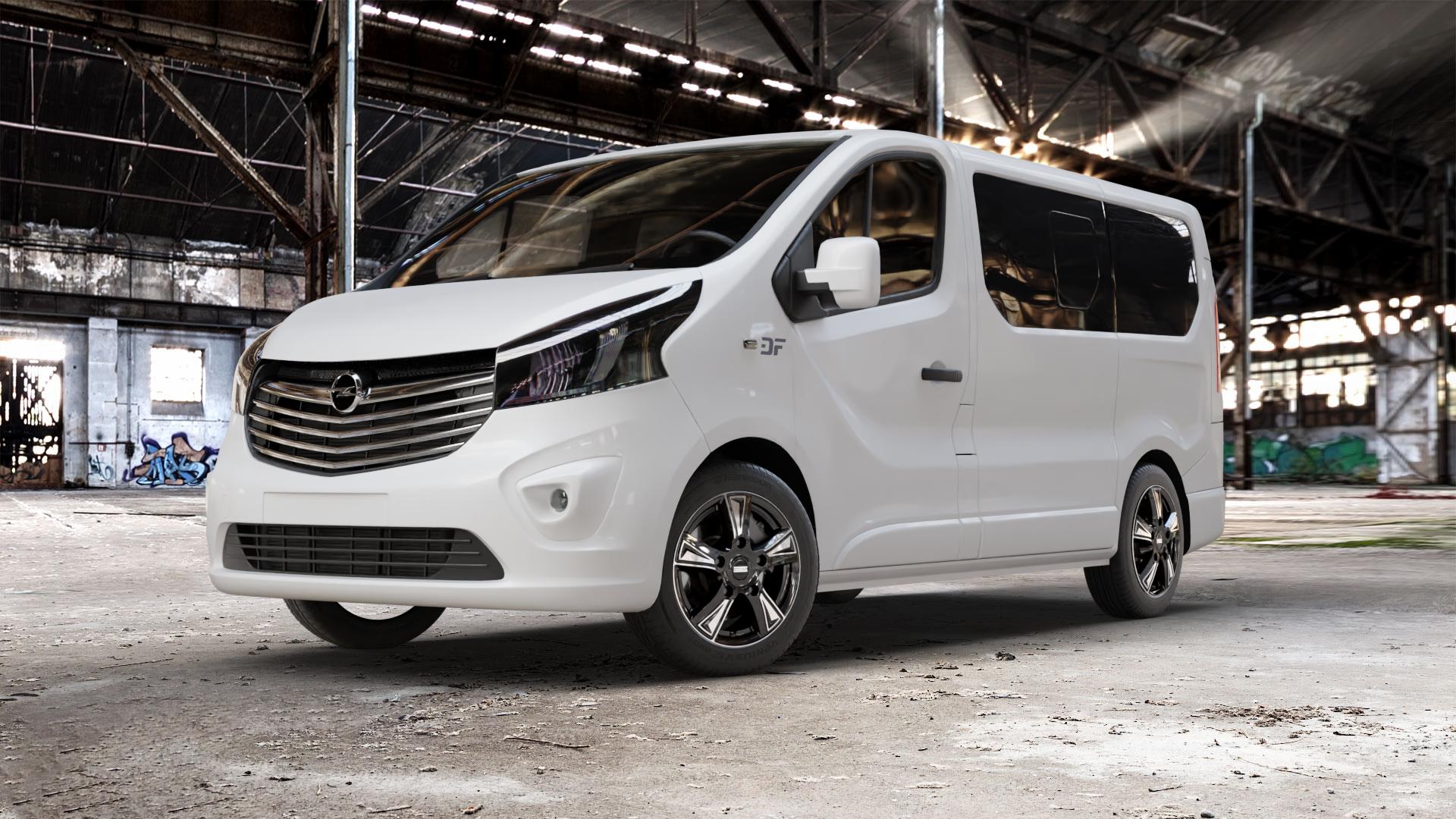Fondmetal PRO1 GLOSSY BLACK MACHINED Felge mit Reifen schwarz in 17Zoll Winterfelge Alufelge auf weissem Opel Vivaro B Kombi Typ X83 ⬇️ mit 15mm Tieferlegung ⬇️ Old Industrial Hall_max_5300mm_2024 Frontansicht_1