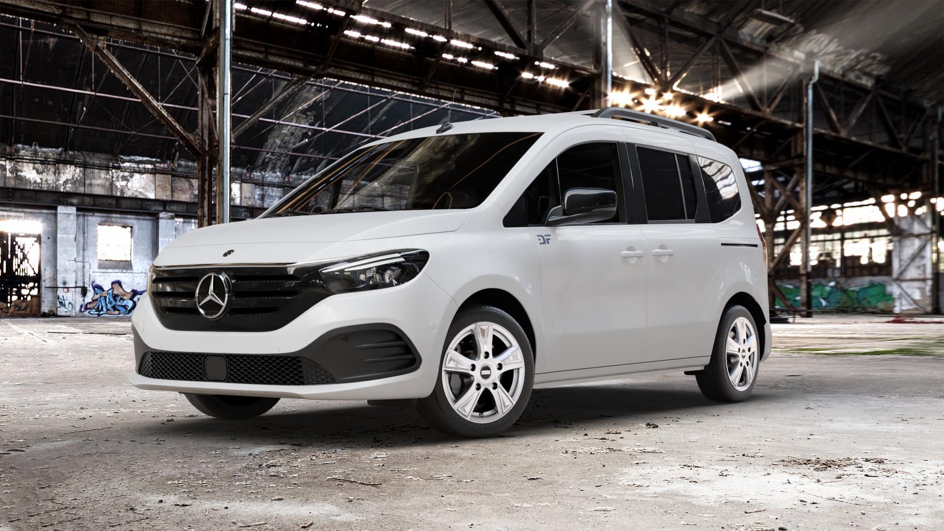 Fondmetal PRO1 GLOSSY SILVER Felge mit Reifen silber in 17Zoll Winterfelge Alufelge auf weissem Mercedes EQT Typ MFK ⬇️ mit 15mm Tieferlegung ⬇️ Old Industrial Hall_max_5300mm_2024 Frontansicht_1