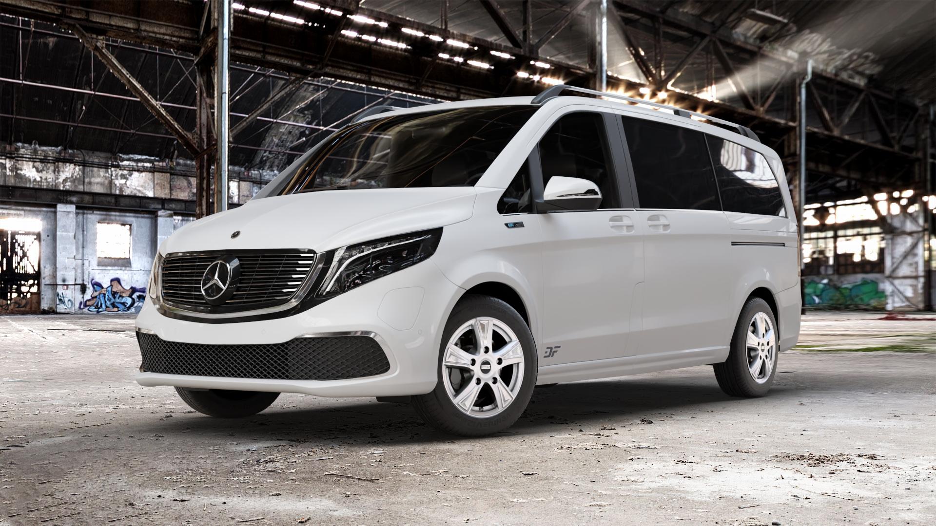 Fondmetal PRO1 GLOSSY SILVER Felge mit Reifen silber in 17Zoll Winterfelge Alufelge auf weissem Mercedes EQV Typ 639/2 ⬇️ mit 15mm Tieferlegung ⬇️ Old Industrial Hall_max_5300mm_2024 Frontansicht_1
