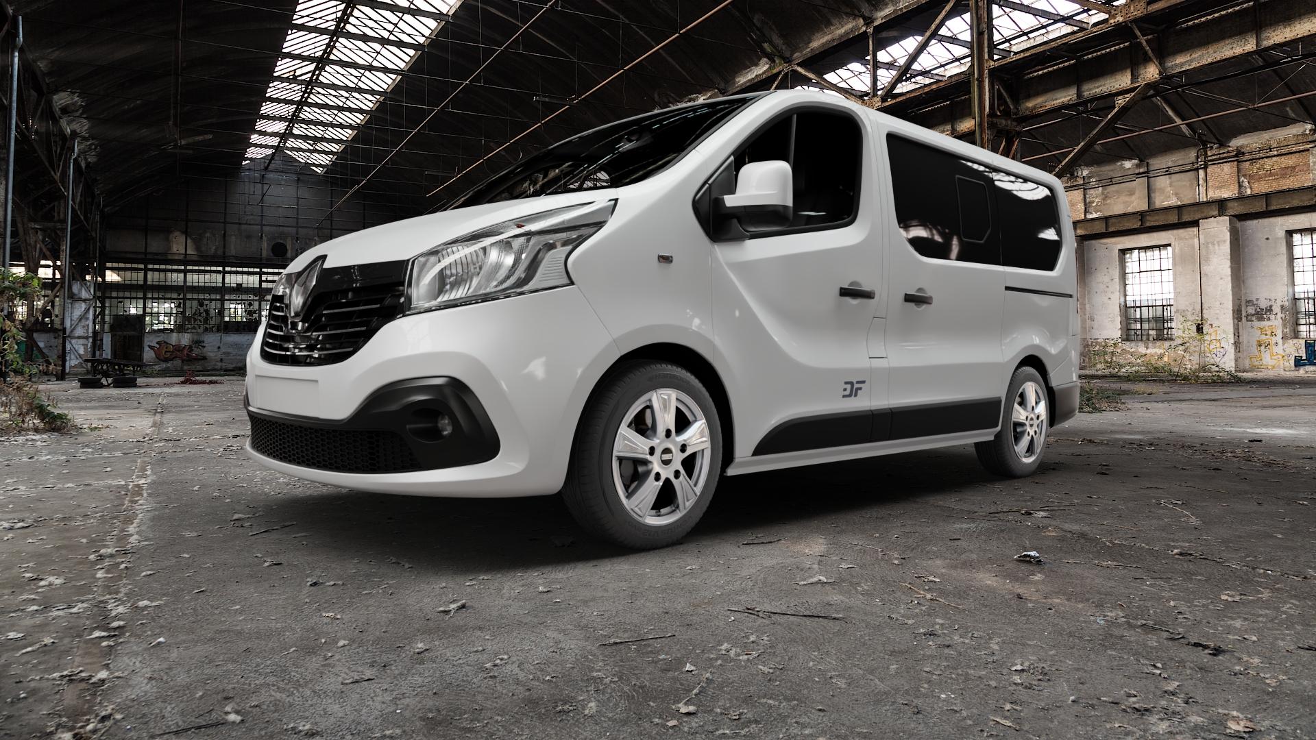 Fondmetal PRO1 GLOSSY SILVER Felge mit Reifen silber in 17Zoll Winterfelge Alufelge auf weissem Renault Trafic III Bus Typ JL ⬇️ mit 15mm Tieferlegung ⬇️ Old Industrial Hall_max5000mm_2022 Frontansicht_1