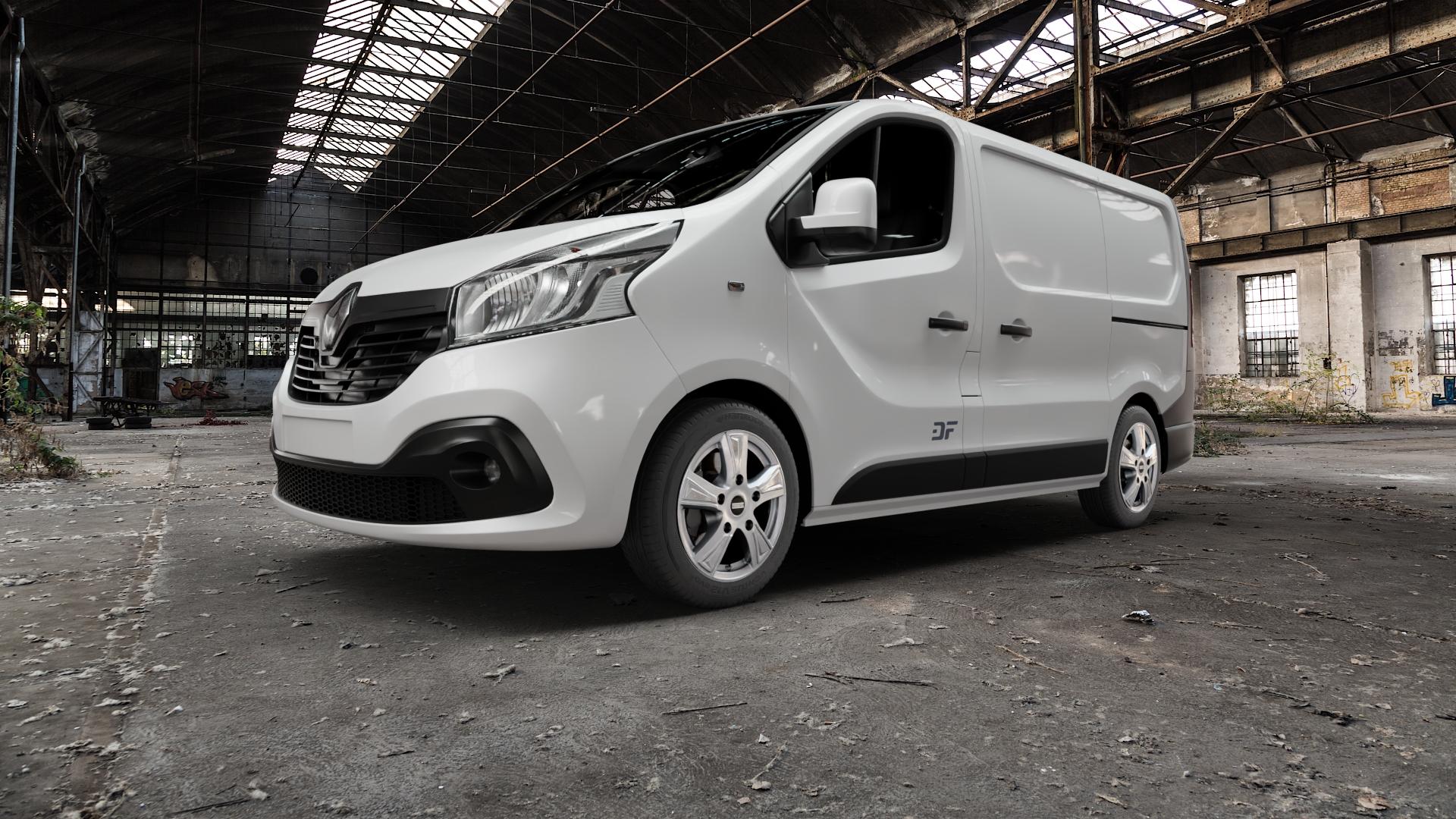Fondmetal PRO1 GLOSSY SILVER Felge mit Reifen silber in 17Zoll Winterfelge Alufelge auf weissem Renault Trafic III Kasten Typ L ⬇️ mit 15mm Tieferlegung ⬇️ Old Industrial Hall_max5000mm_2022 Frontansicht_1