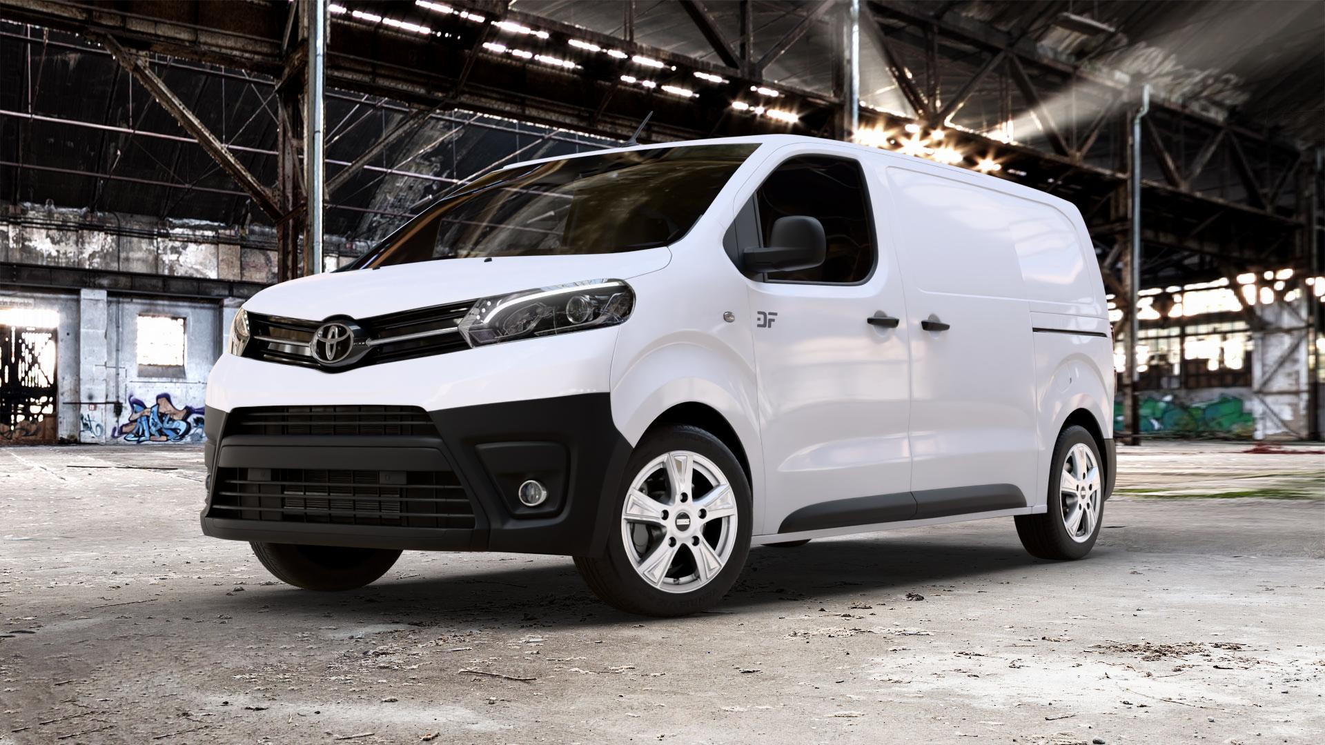 Fondmetal PRO1 GLOSSY SILVER Felge mit Reifen silber in 17Zoll Winterfelge Alufelge auf weissem Toyota Proace II Typ V ⬇️ mit 15mm Tieferlegung ⬇️ Old Industrial Hall_max_5300mm_2024 Frontansicht_1
