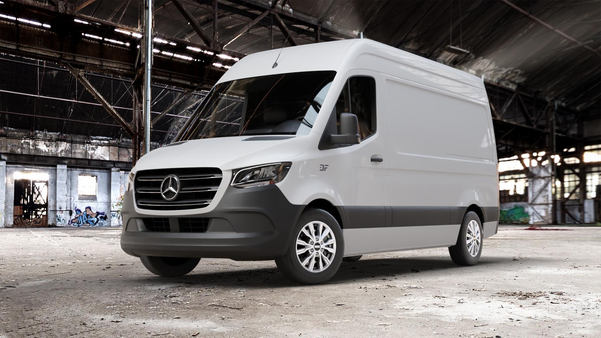 Fondmetal PRO2 GLOSSY SILVER Felge mit Reifen silber in 17Zoll Winterfelge Alufelge auf weissem Mercedes Sprinter III Typ KL3A4 KL3A5 906BB FL KL 906BA 906AC ⬇️ mit 15mm Tieferlegung ⬇️ Old Industrial Hall_max_7000mm_2024 Frontansicht_1