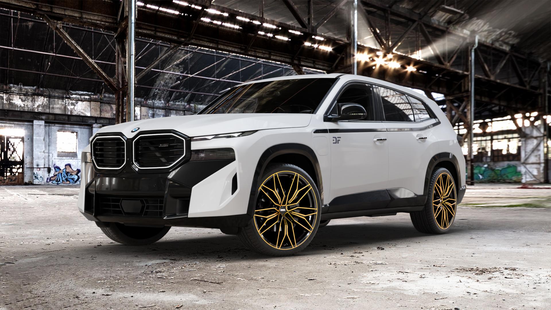 Fondmetal STC-23 BLACK CLEARCOAT GLOSSY GOLD MACHINED Felge mit Reifen schwarz in 23Zoll Alufelge auf weissem BMW XM Typ G09 (F56XM) 3,0l 50e 230kW Hybrid (313 PS) ⬇️ mit 15mm Tieferlegung ⬇️ Old Industrial Hall_max_5300mm_2024 Frontansicht_1