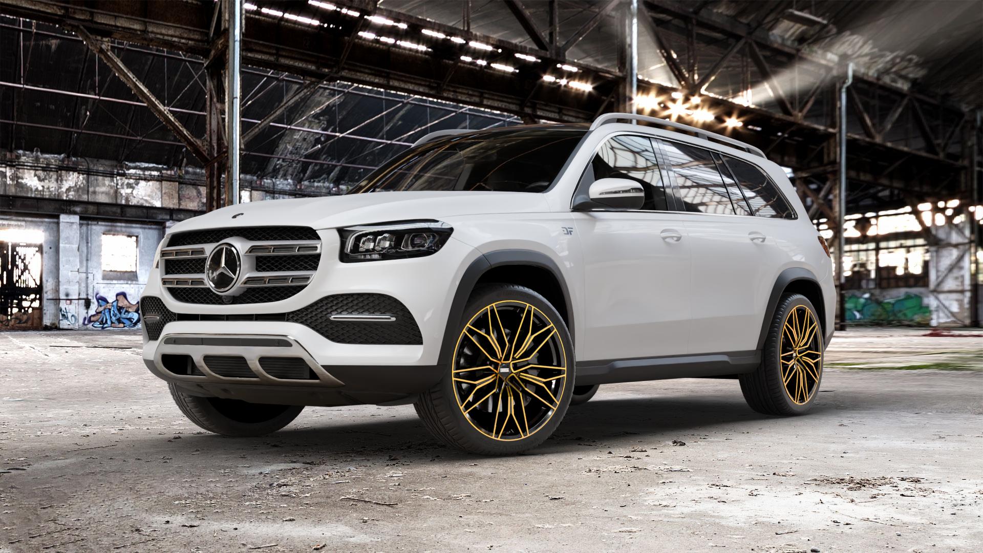 Fondmetal STC-23 BLACK CLEARCOAT GLOSSY GOLD MACHINED Felge mit Reifen schwarz in 23Zoll Alufelge auf weissem Mercedes GLS-Klasse Typ 167 (H1GLE) 2,9l 350 d 4Matic 210kW (286 PS) 400 243kW (330 4,0l 580 360kW Mild-Hybrid (489 ⬇️ mit 15mm Tieferlegung ⬇️ Old Industrial Hall_max_5300mm_2024 Frontansicht_1