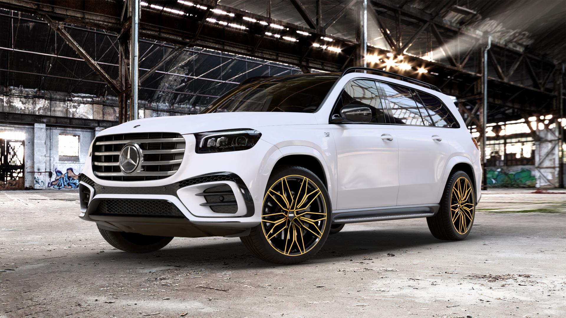 Fondmetal STC-23 BLACK CLEARCOAT GLOSSY GOLD MACHINED Felge mit Reifen schwarz in 23Zoll Alufelge auf weissem Mercedes GLS-Klasse Typ 167 (H1GLE) Facelift ⬇️ mit 15mm Tieferlegung ⬇️ Old Industrial Hall_max_5300mm_2024 Frontansicht_1