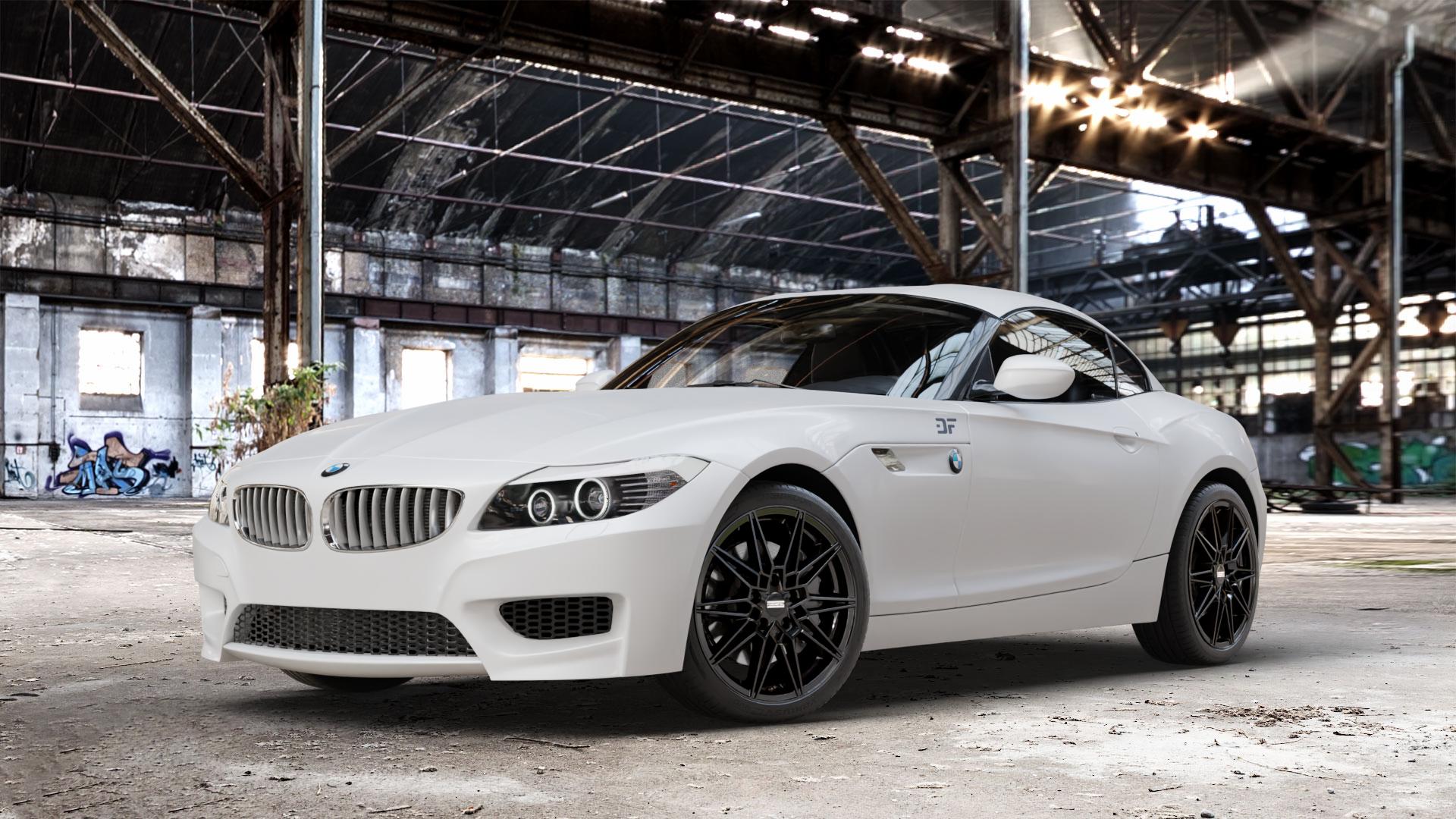 Fondmetal THOE GLOSSY BLACK Felge mit Reifen schwarz in 18Zoll Winterfelge Alufelge auf weissem BMW Z4 Roadster Typ E89 (Z89, ZR) ⬇️ mit 15mm Tieferlegung ⬇️ Old Industrial Hall_max_4400mm_2024 Frontansicht_1