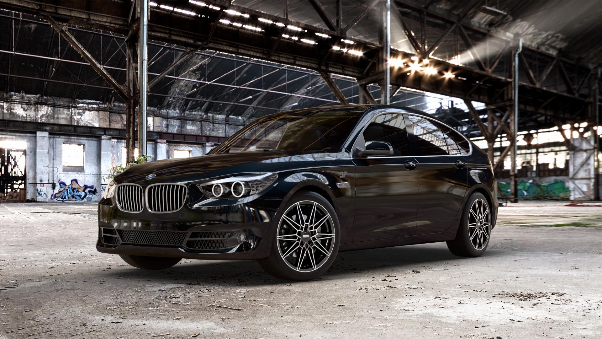 Fondmetal THOE GLOSSY BLACK MACHINED Felge mit Reifen schwarz in 19Zoll Winterfelge Alufelge auf schwarzem BMW 535i GT Typ F07 xDrive 550i 530d 535d 520d 528i 5er Gran Turismo (GT, K-N1) ⬇️ mit 15mm Tieferlegung ⬇️ Old Industrial Hall_max_5300mm_2024 Frontansicht_1