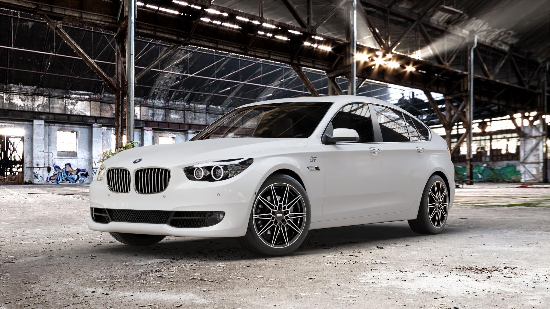 Fondmetal THOE GLOSSY BLACK MACHINED Felge mit Reifen schwarz in 19Zoll Winterfelge Alufelge auf weissem BMW 535i GT Typ F07 xDrive 550i 530d 535d 520d 528i 5er Gran Turismo (GT, K-N1) ⬇️ mit 15mm Tieferlegung ⬇️ Old Industrial Hall_max_5300mm_2024 Frontansicht_1