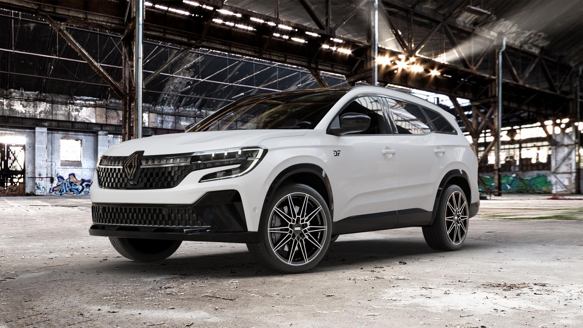 Fondmetal THOE GLOSSY BLACK MACHINED Felge mit Reifen schwarz in 20Zoll Winterfelge Alufelge auf weissem Renault Espace VI Typ RHN ⬇️ mit 15mm Tieferlegung ⬇️ Old Industrial Hall_max_5300mm_2024 Frontansicht_1
