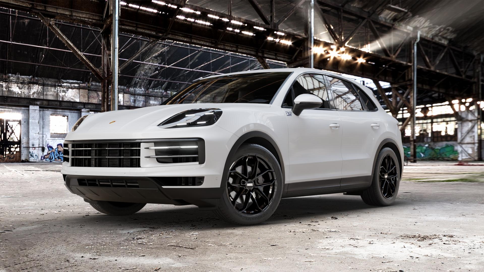 Fondmetal ZELOS GLOSSY BLACK Felge mit Reifen schwarz in 21Zoll Winterfelge Alufelge auf weissem Porsche Cayenne III Typ 9YA Facelift ⬇️ mit 15mm Tieferlegung ⬇️ Old Industrial Hall_max_5300mm_2024 Frontansicht_1