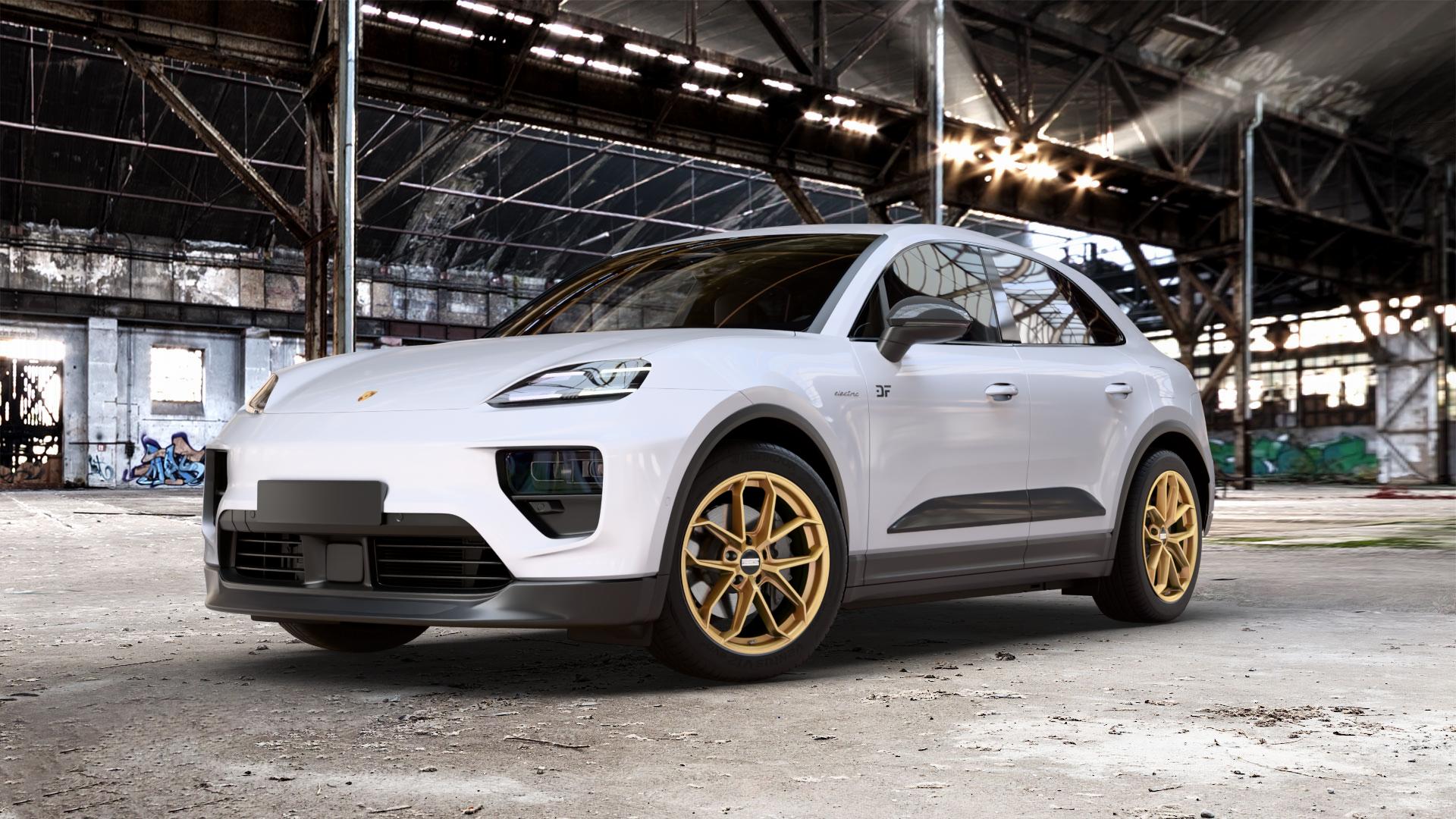 Fondmetal ZELOS MATT GOLD Felge mit Reifen in 20Zoll Winterfelge Alufelge auf Weiss Uni Porsche Macan Typ XA ⬇️ mit 15mm Tieferlegung ⬇️ Old Industrial Hall_max_5300mm_2024 Frontansicht_1