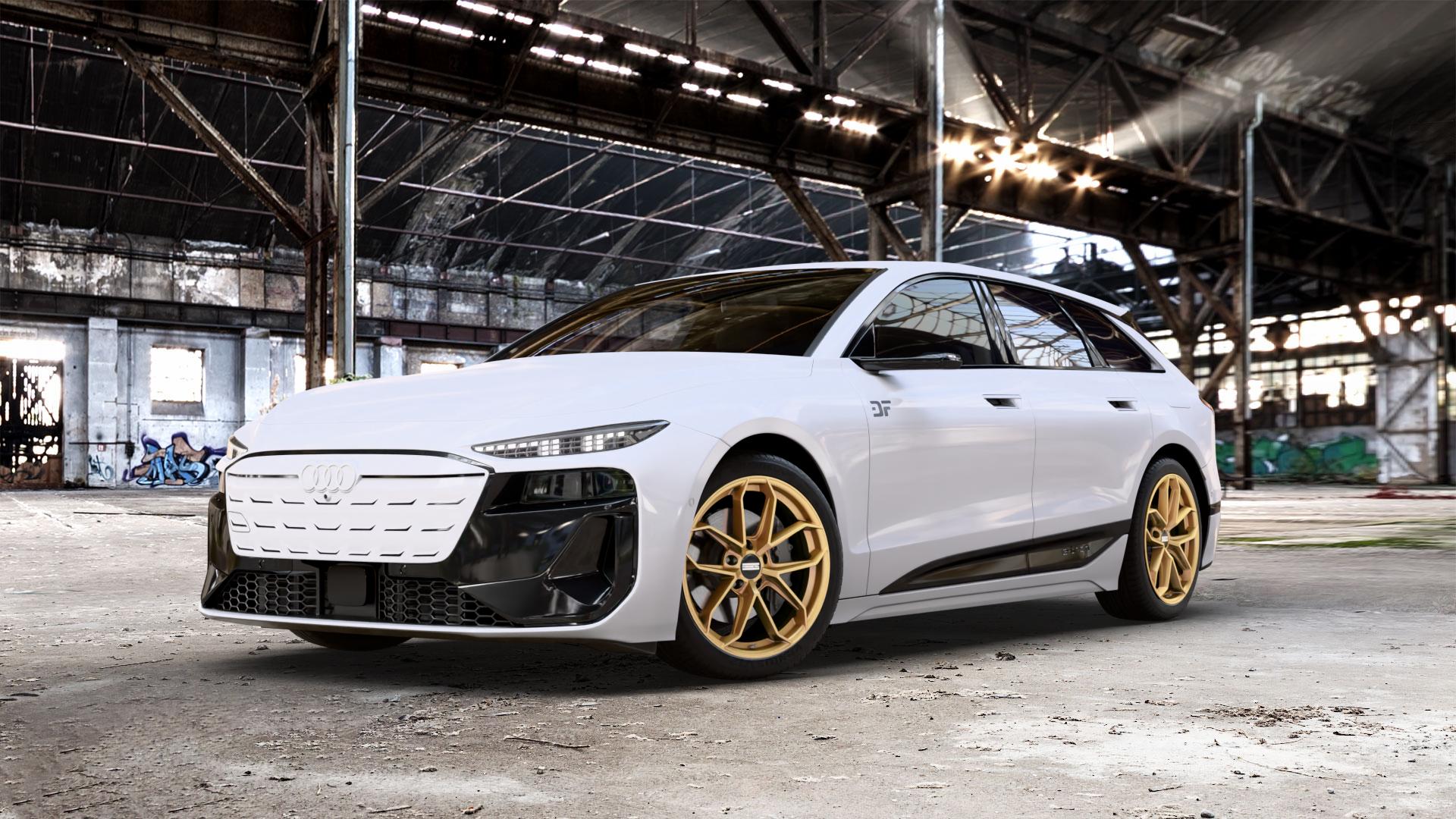 Fondmetal ZELOS MATT GOLD Felge mit Reifen in 20Zoll Winterfelge Alufelge auf weissem Audi A6 e-tron Typ GH (Avant) 0,0l Performance 120kW (163 PS) S6 138kW (188 100kW (136 quattro ⬇️ mit 15mm Tieferlegung ⬇️ Old Industrial Hall_max_5300mm_2024 Frontansicht_1