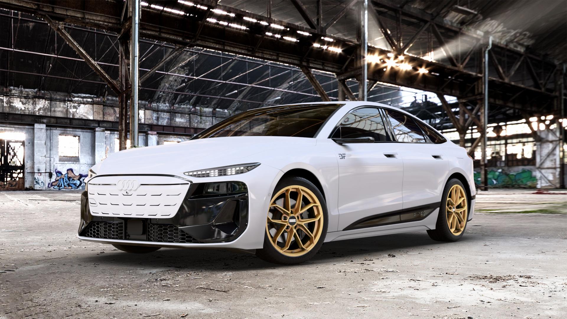 Fondmetal ZELOS MATT GOLD Felge mit Reifen in 20Zoll Winterfelge Alufelge auf weissem Audi A6 e-tron Typ GH (Sportback) 0,0l 100kW (136 PS) performance 120kW (163 quattro 138kW (188 S6 ⬇️ mit 15mm Tieferlegung ⬇️ Old Industrial Hall_max_5300mm_2024 Frontansicht_1
