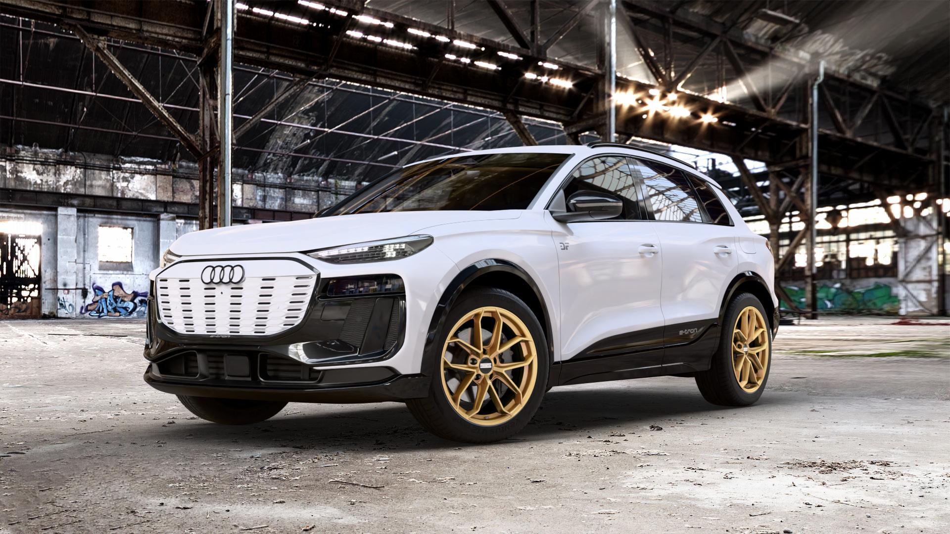 Fondmetal ZELOS MATT GOLD Felge mit Reifen in 20Zoll Winterfelge Alufelge auf weissem Audi Q6 Typ GF 0,0l 120kW 55 e-tron quattro (163 PS) SQ6 qutratto performance 100kW (136 ⬇️ mit 15mm Tieferlegung ⬇️ Old Industrial Hall_max_5300mm_2024 Frontansicht_1