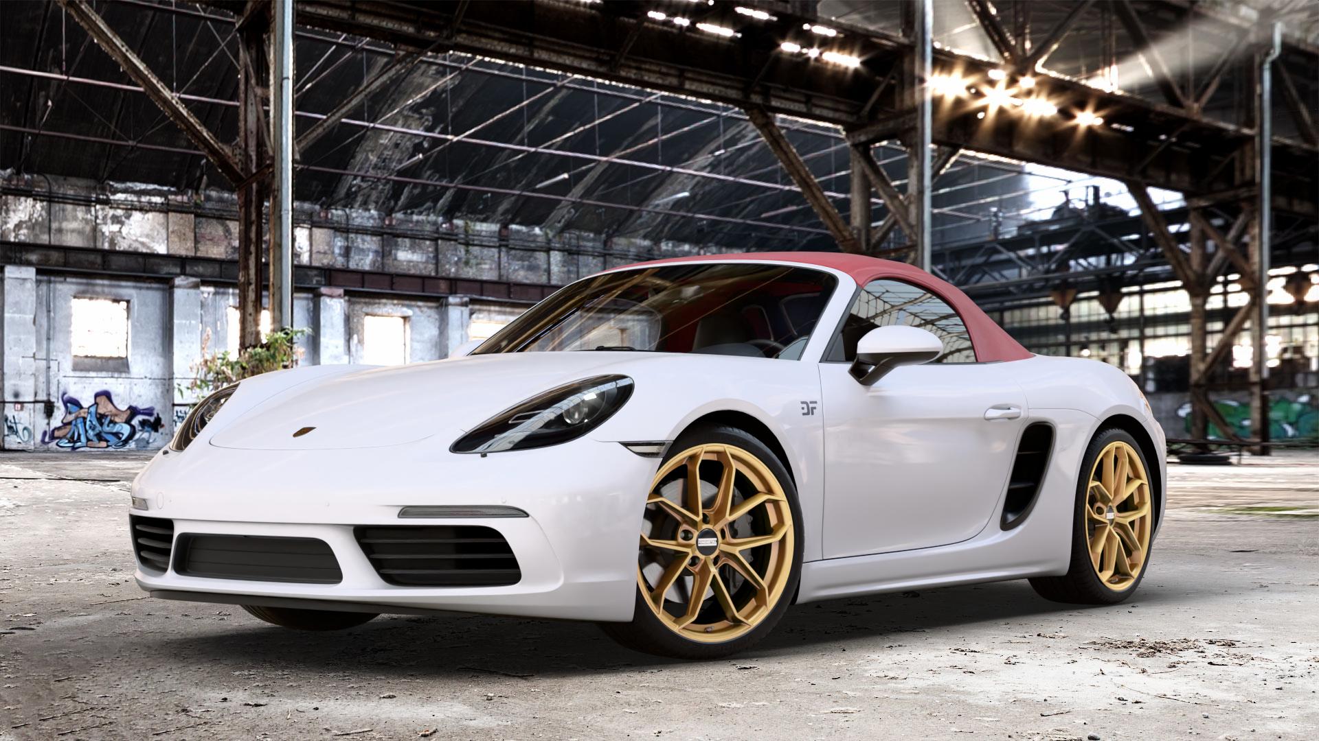 Fondmetal ZELOS MATT GOLD Felge mit Reifen in 20Zoll Winterfelge Alufelge auf weissem Porsche 718 Boxster Typ 982 ⬇️ mit 15mm Tieferlegung ⬇️ Old Industrial Hall_max_4400mm_2024 Frontansicht_1