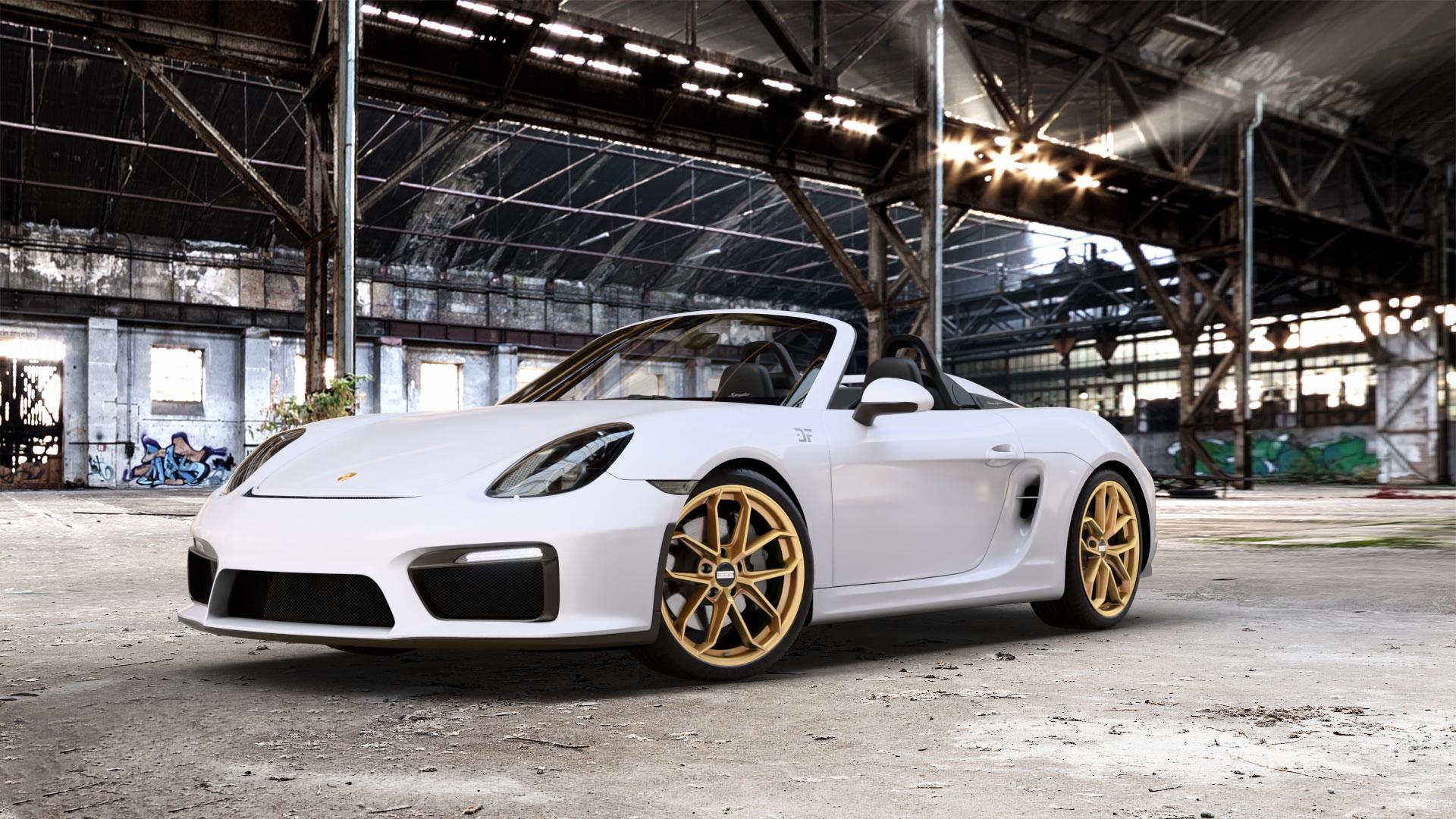 Fondmetal ZELOS MATT GOLD Felge mit Reifen in 20Zoll Winterfelge Alufelge auf weissem Porsche Boxster Typ 981 Spyder ⬇️ mit 15mm Tieferlegung ⬇️ Old Industrial Hall_max_5300mm_2024 Frontansicht_1