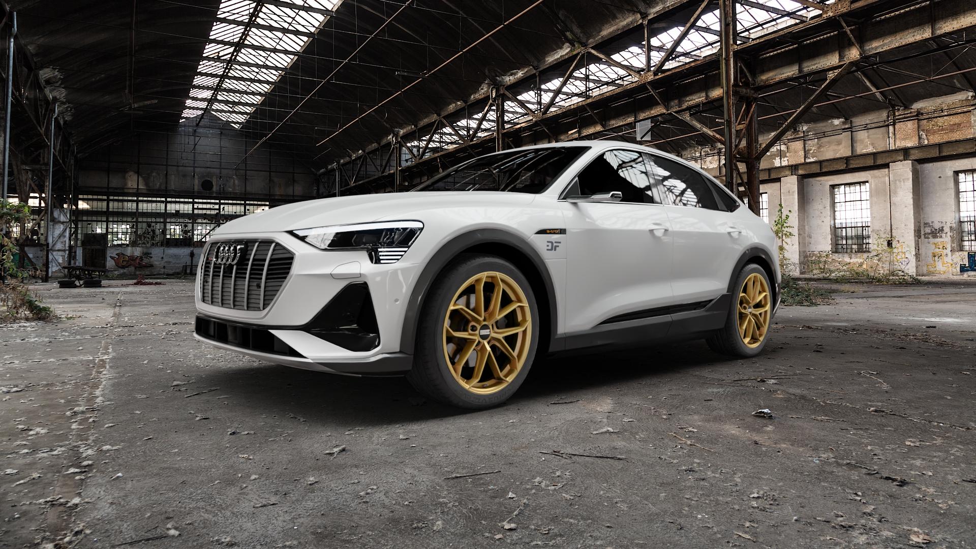 Fondmetal ZELOS MATT GOLD Felge mit Reifen in 21Zoll Winterfelge Alufelge auf weissem Audi E-Tron S Sportback Typ GE ⬇️ mit 15mm Tieferlegung ⬇️ Old Industrial Hall_max5000mm_2022 Frontansicht_1