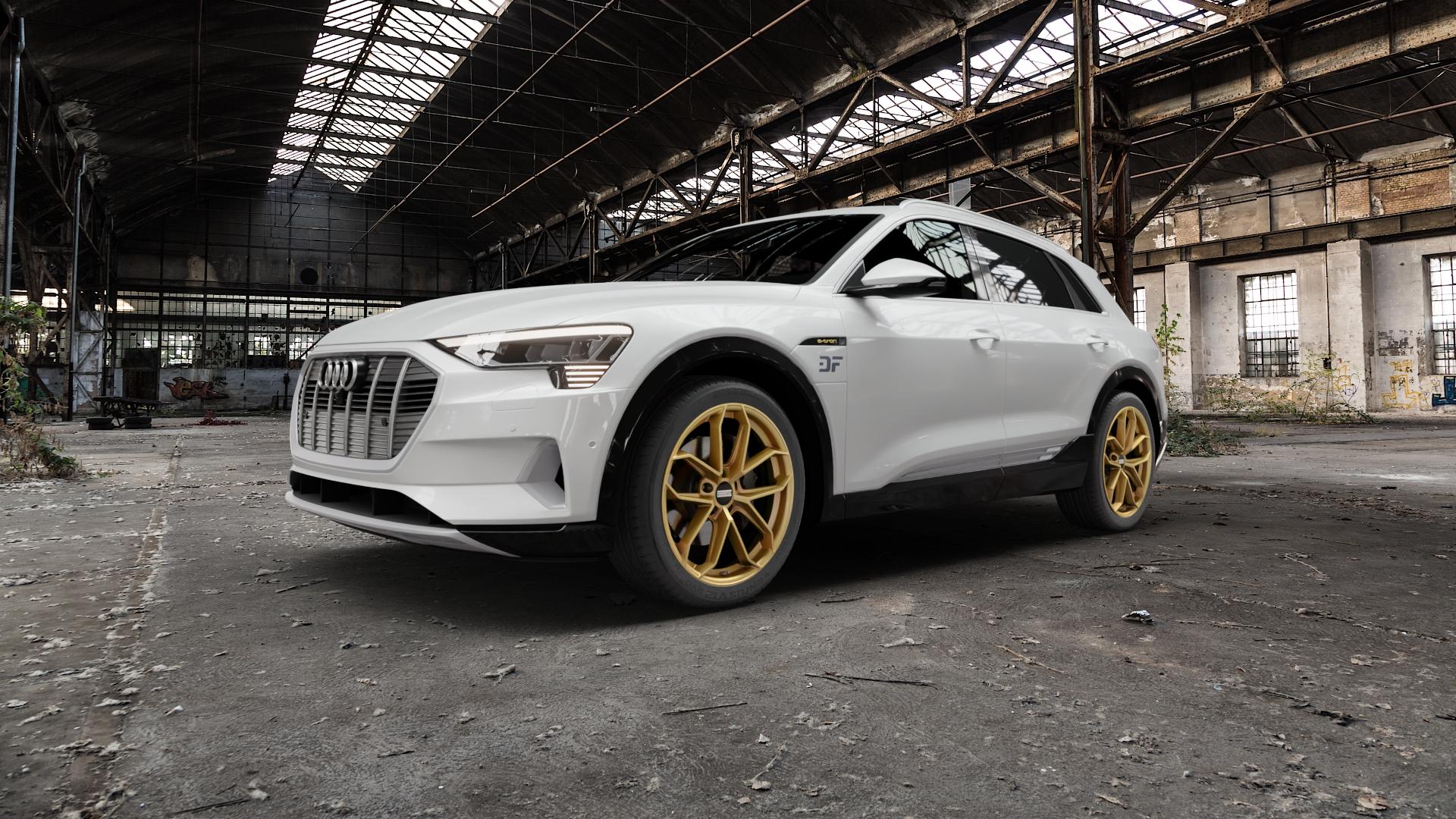 Fondmetal ZELOS MATT GOLD Felge mit Reifen in 21Zoll Winterfelge Alufelge auf weissem Audi E-Tron Typ GE S ⬇️ mit 15mm Tieferlegung ⬇️ Old Industrial Hall_max5000mm_2022 Frontansicht_1