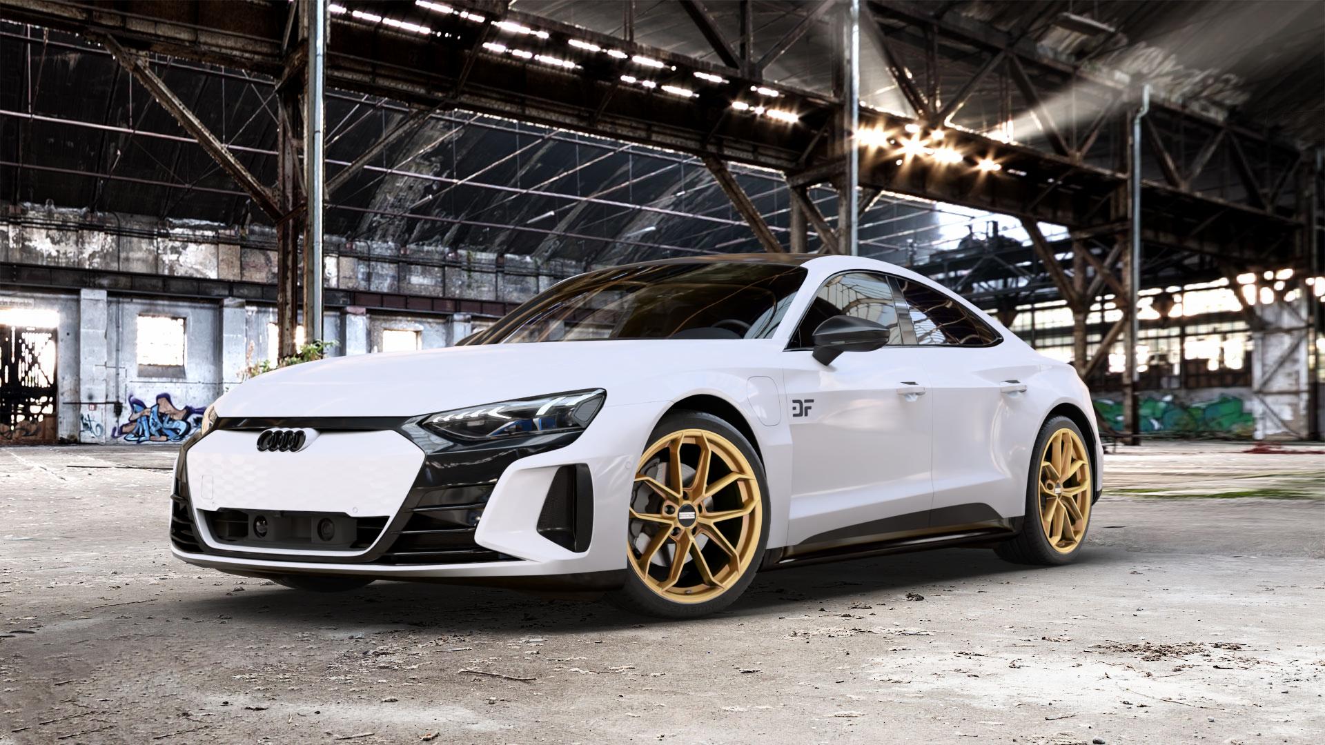 Fondmetal ZELOS MATT GOLD Felge mit Reifen in 21Zoll Winterfelge Alufelge auf weissem Audi RS E-Tron GT Typ FW ⬇️ mit 15mm Tieferlegung ⬇️ Old Industrial Hall_max_5300mm_2024 Frontansicht_1