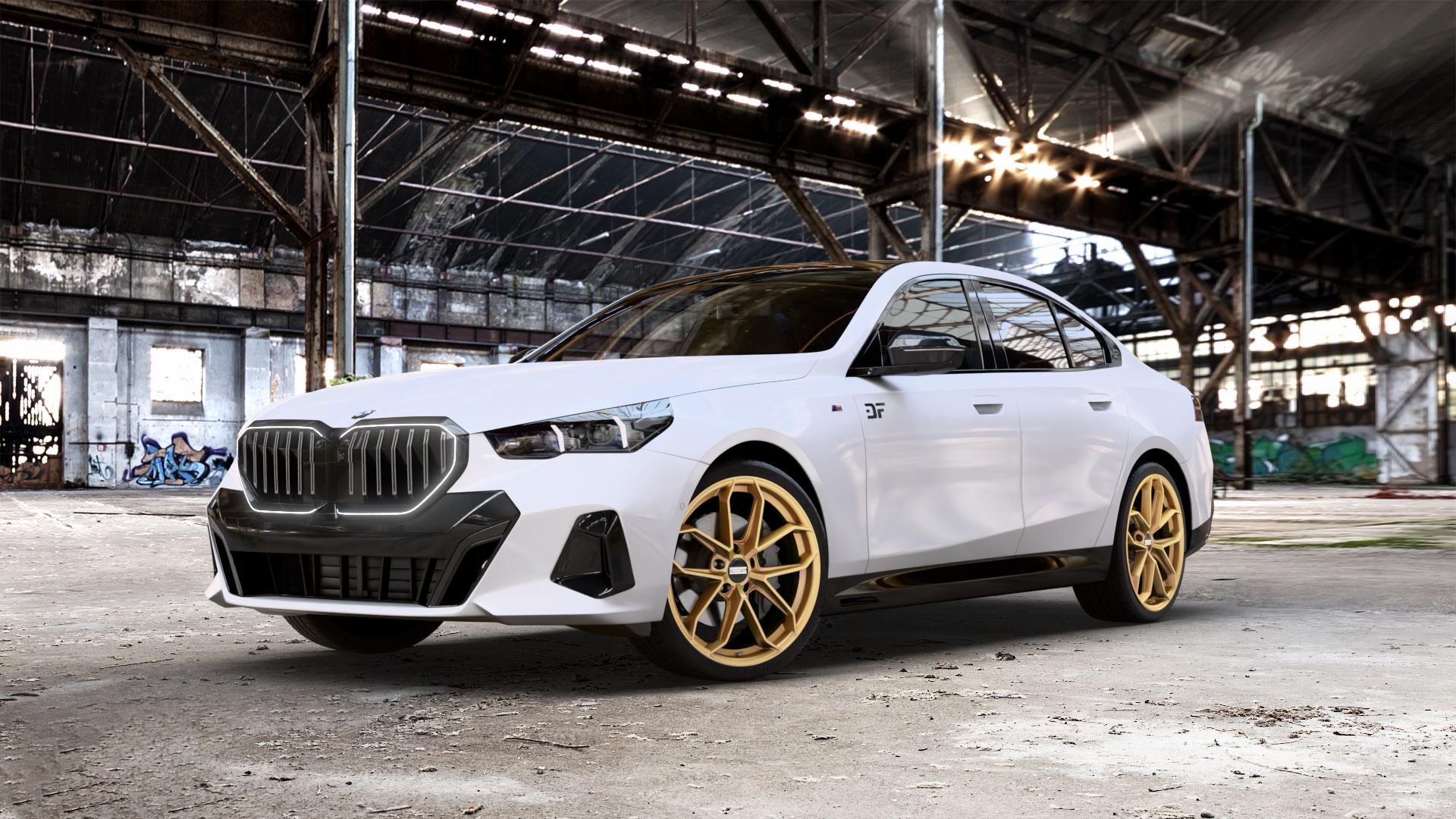 Fondmetal ZELOS MATT GOLD Felge mit Reifen in 21Zoll Winterfelge Alufelge auf weissem BMW 550e xDrive Typ G60 (Limousine) ⬇️ mit 15mm Tieferlegung ⬇️ Old Industrial Hall_max_5300mm_2024 Frontansicht_1