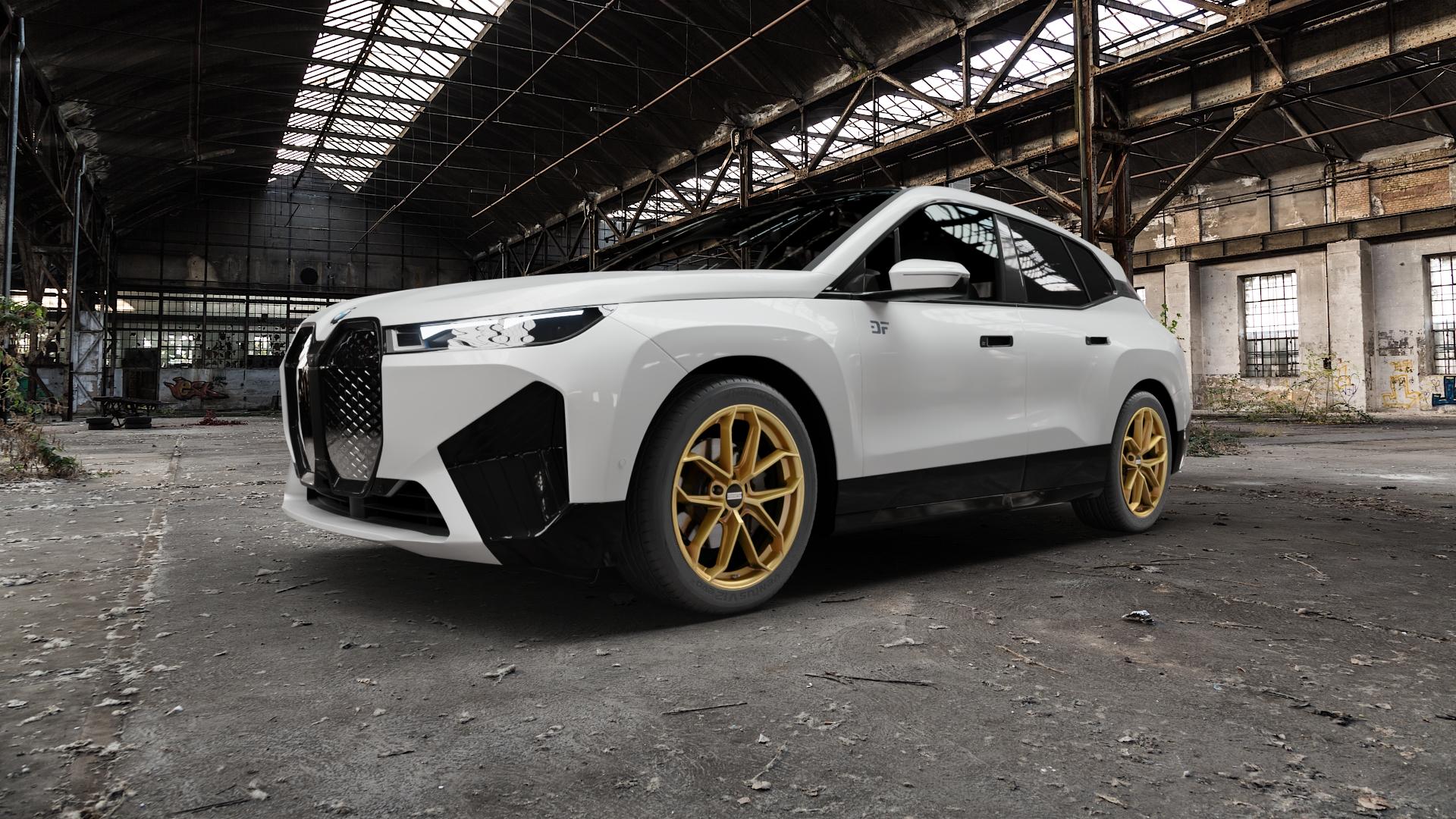 Fondmetal ZELOS MATT GOLD Felge mit Reifen in 21Zoll Winterfelge Alufelge auf weissem BMW iX (BMWi-N) 0,0l xDrive40 102kW (139 PS) xDrive50 140kW (190 ⬇️ mit 15mm Tieferlegung ⬇️ Old Industrial Hall_max5000mm_2022 Frontansicht_1