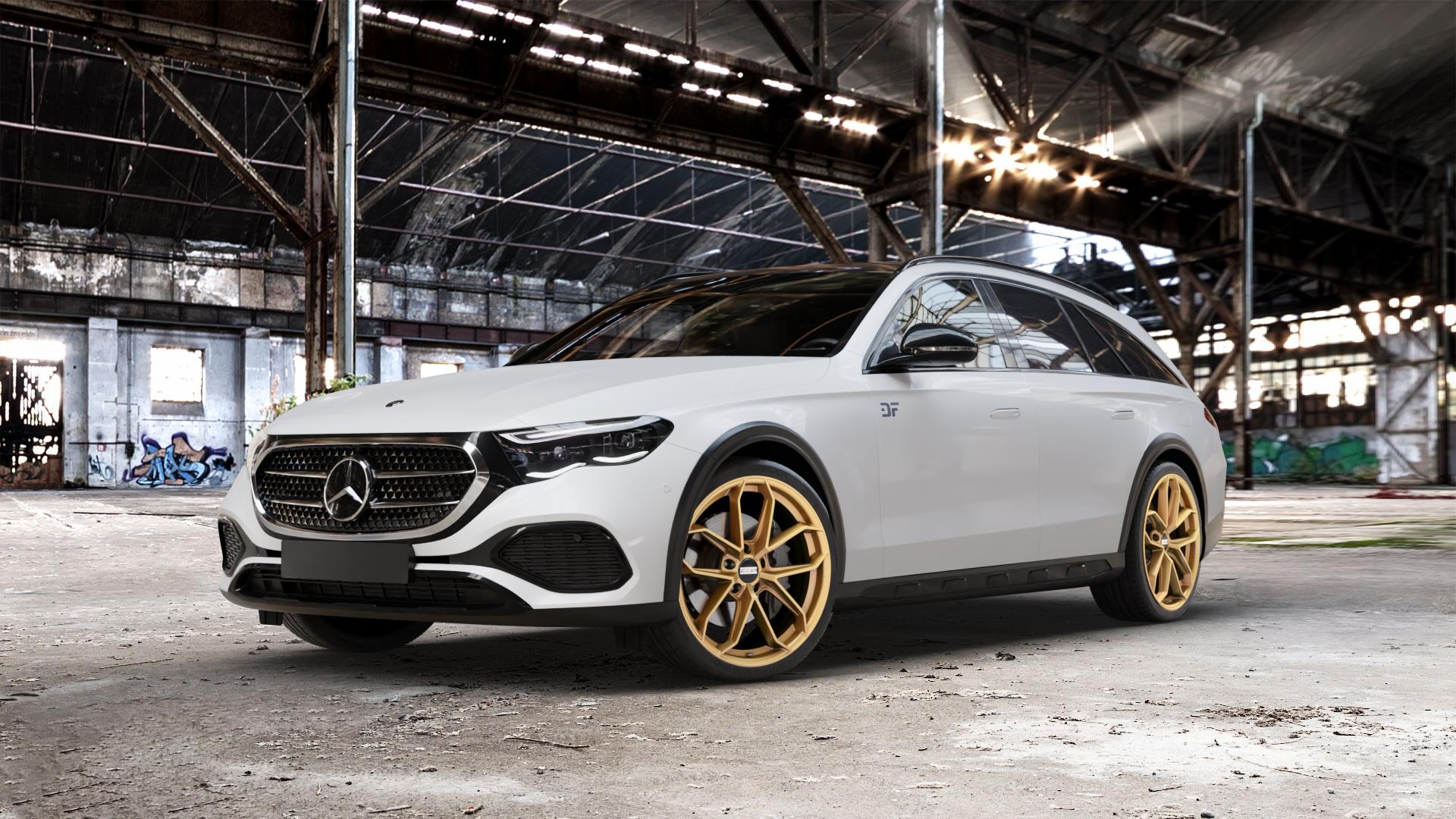 Fondmetal ZELOS MATT GOLD Felge mit Reifen in 21Zoll Winterfelge Alufelge auf weissem Mercedes E-Klasse Typ S214 All-Terrain Coupe ⬇️ mit 15mm Tieferlegung ⬇️ Old Industrial Hall_max_5300mm_2024 Frontansicht_1