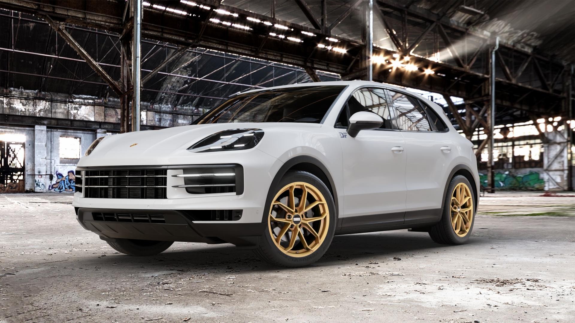 Fondmetal ZELOS MATT GOLD Felge mit Reifen in 21Zoll Winterfelge Alufelge auf weissem Porsche Cayenne III Typ 9YA Facelift ⬇️ mit 15mm Tieferlegung ⬇️ Old Industrial Hall_max_5300mm_2024 Frontansicht_1